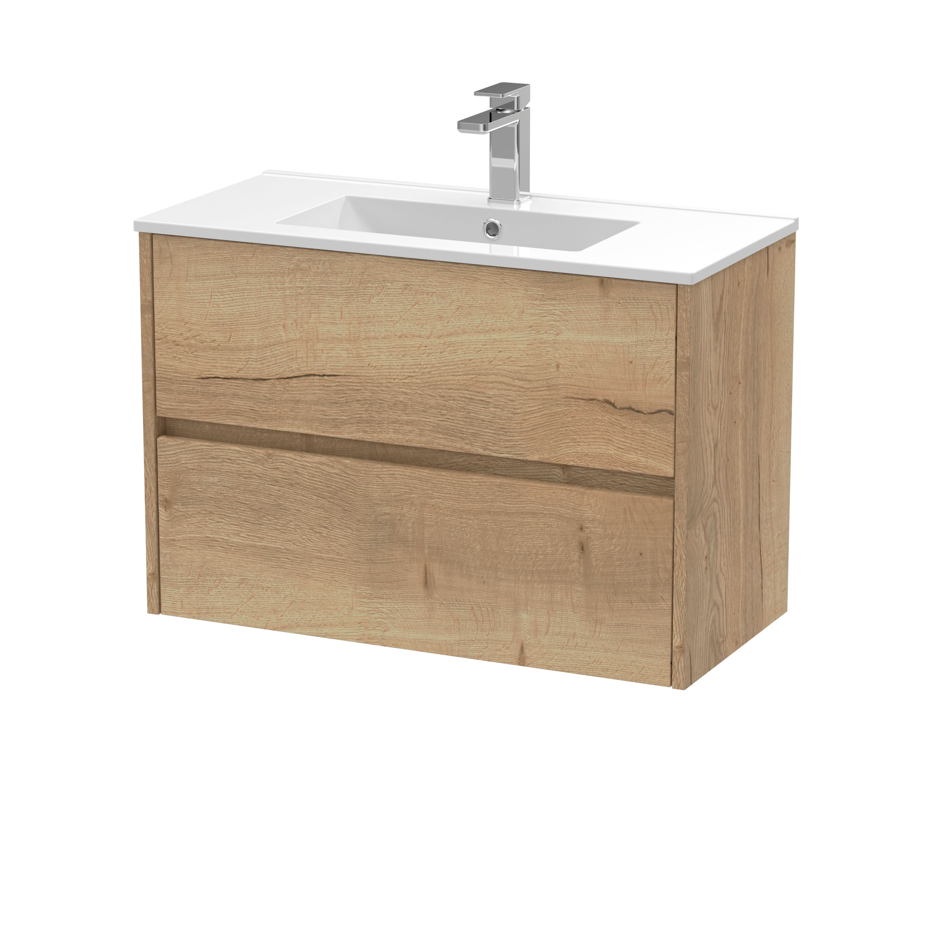 Nuie Havana Wall Hung 2 Drawer Vanity Basin Unit & Minimalist Ceramic Basin, Modern Sink Vanity Unit in Autumn Oak with White Basin, 800mm