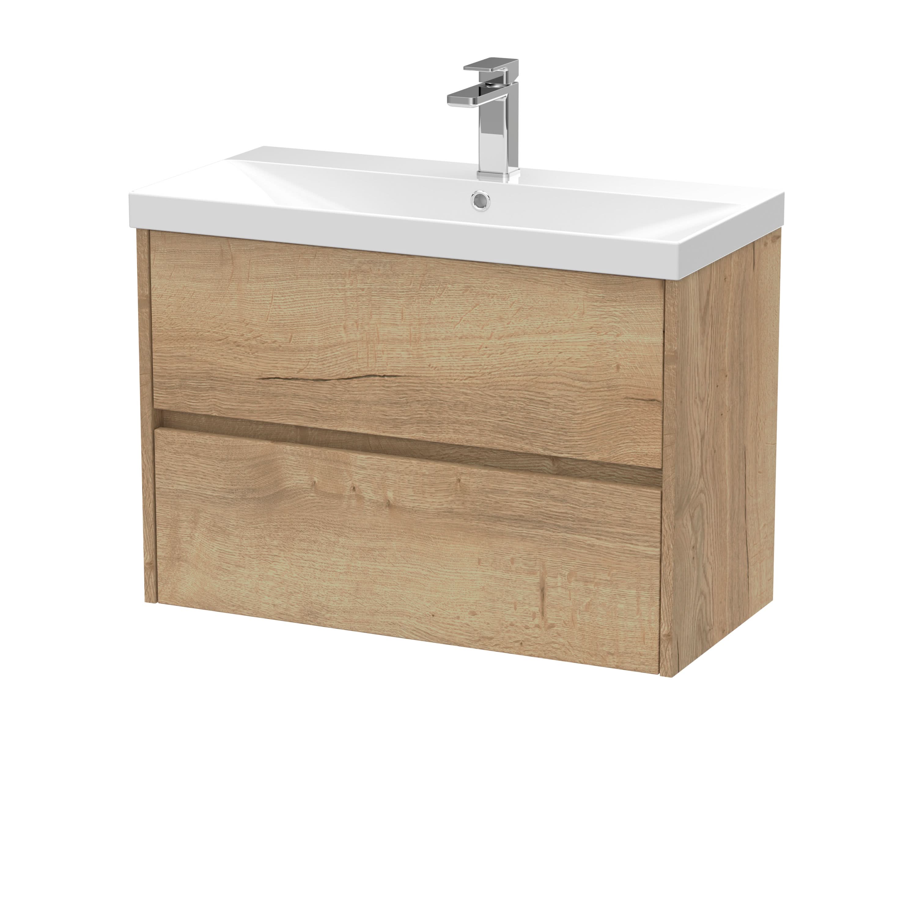 Nuie Havana Wall Hung 2 Drawer Vanity Basin Unit & Thin-Edge Ceramic Basin, Modern Sink Vanity Unit in Autumn Oak with White Basin, 800mm