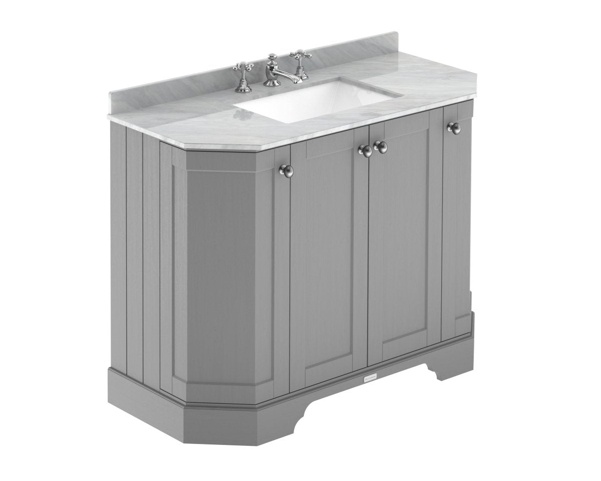 Old London Floor Standing 4 Door Angled Vanity Unit with Grey Marble Basin, Sink Vanity Unit with 3 Tap Holes, Traditional Bathroom Vanity Units in Storm Grey, 1000mm