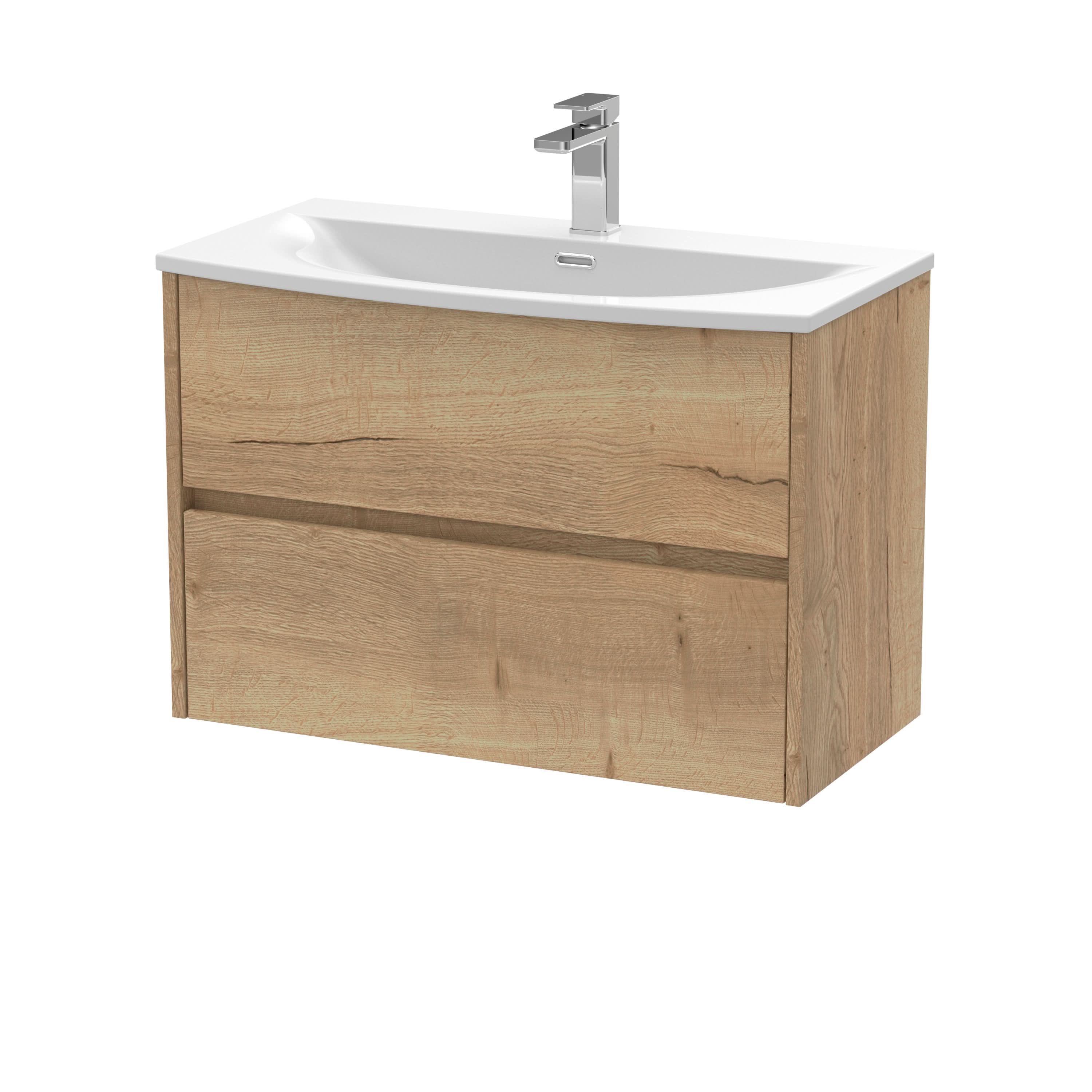 Nuie Havana Wall Hung 2 Drawer Vanity Basin Unit & Curved Ceramic Basin, Modern Sink Vanity Unit in Autumn Oak with White Basin, 800mm