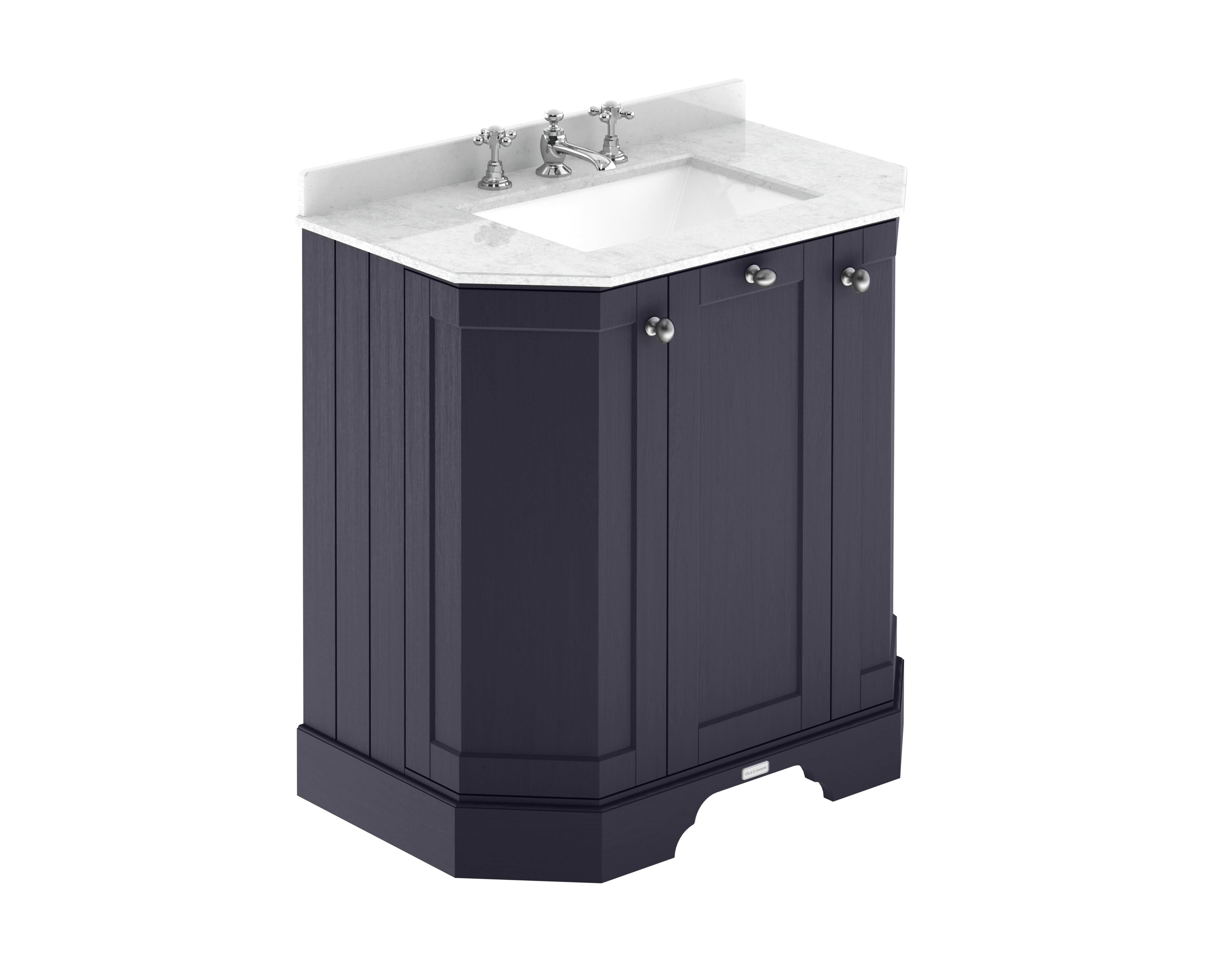 Old London Floor Standing Vanity Unit with Basin, 3 Door Angled Cabinet, White Marble Top, Traditional Sink Vanity Unit in Bathroom in Twilight Blue, 750mm