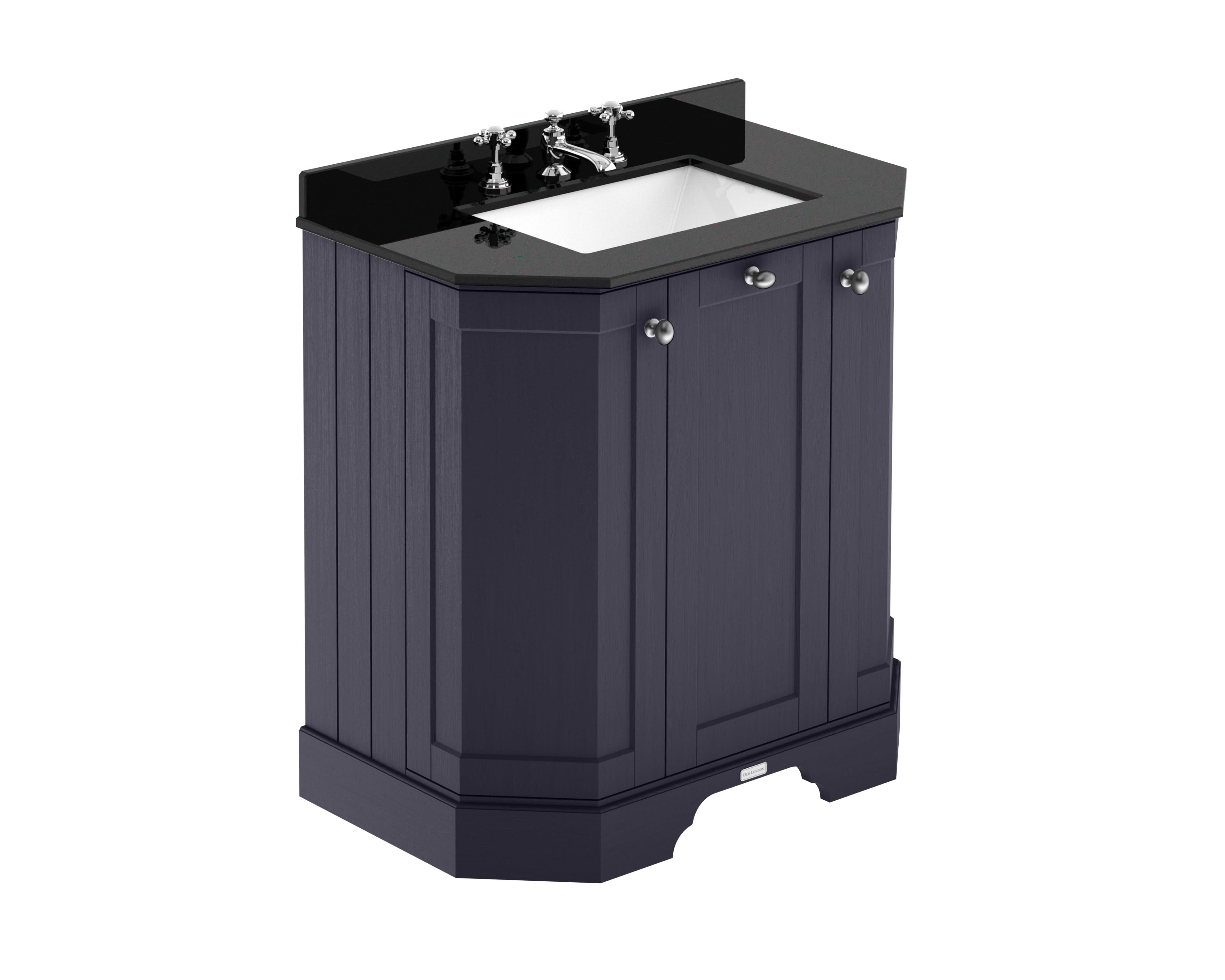 Old London Floor Standing Vanity Unit, 3 Door Angled Cabinet with Black Marble Top & 3 Tap Hole Basin, Traditional Sink Vanity Unit for Bathrooms in Twilight Blue, 750mm
