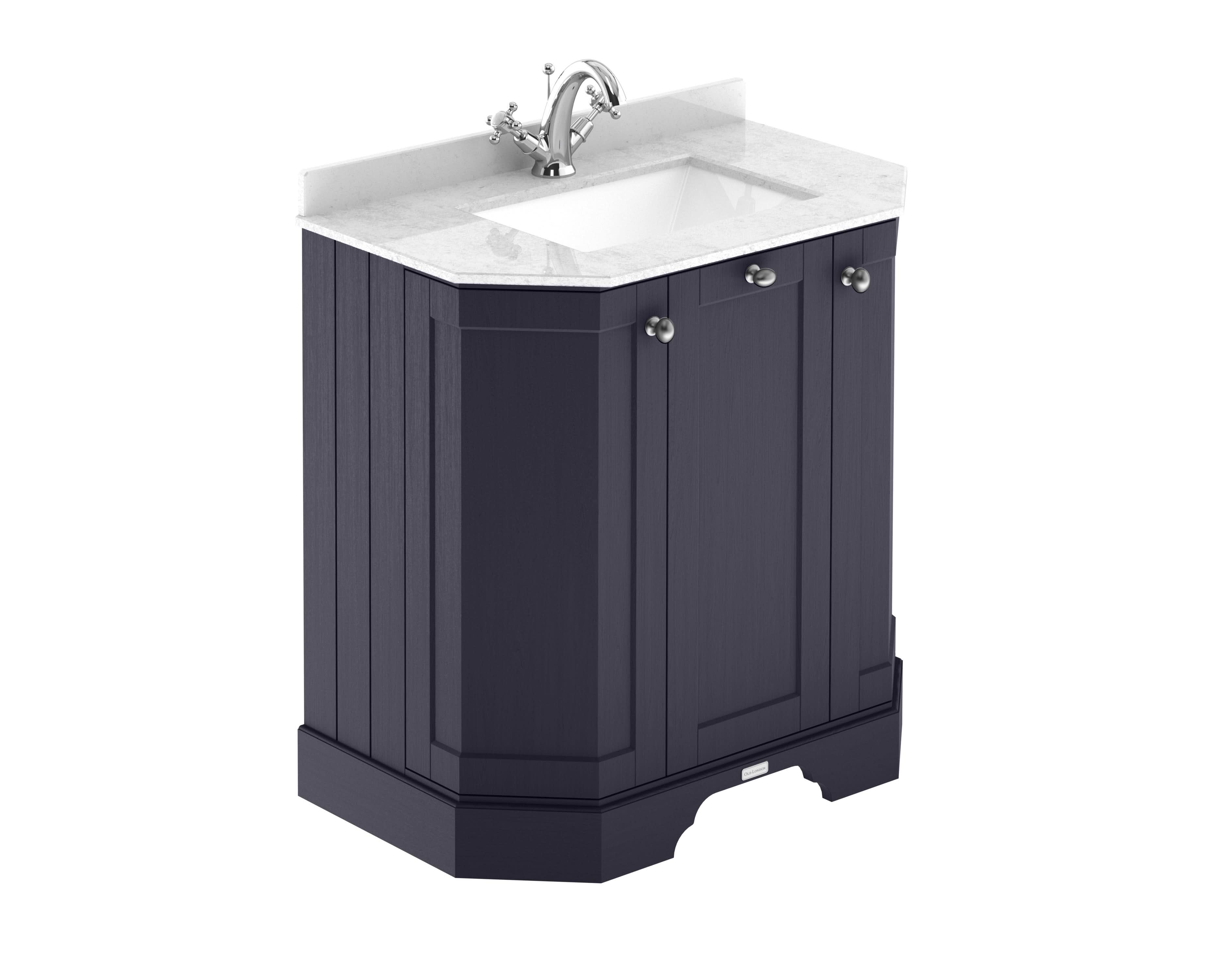 Old London Floor Standing 3 Door Vanity Unit with White Marble Top, Traditional Bathroom Vanity Unit with Basin, Sink Vanity Unit with Storage in Twilight Blue, 750mm