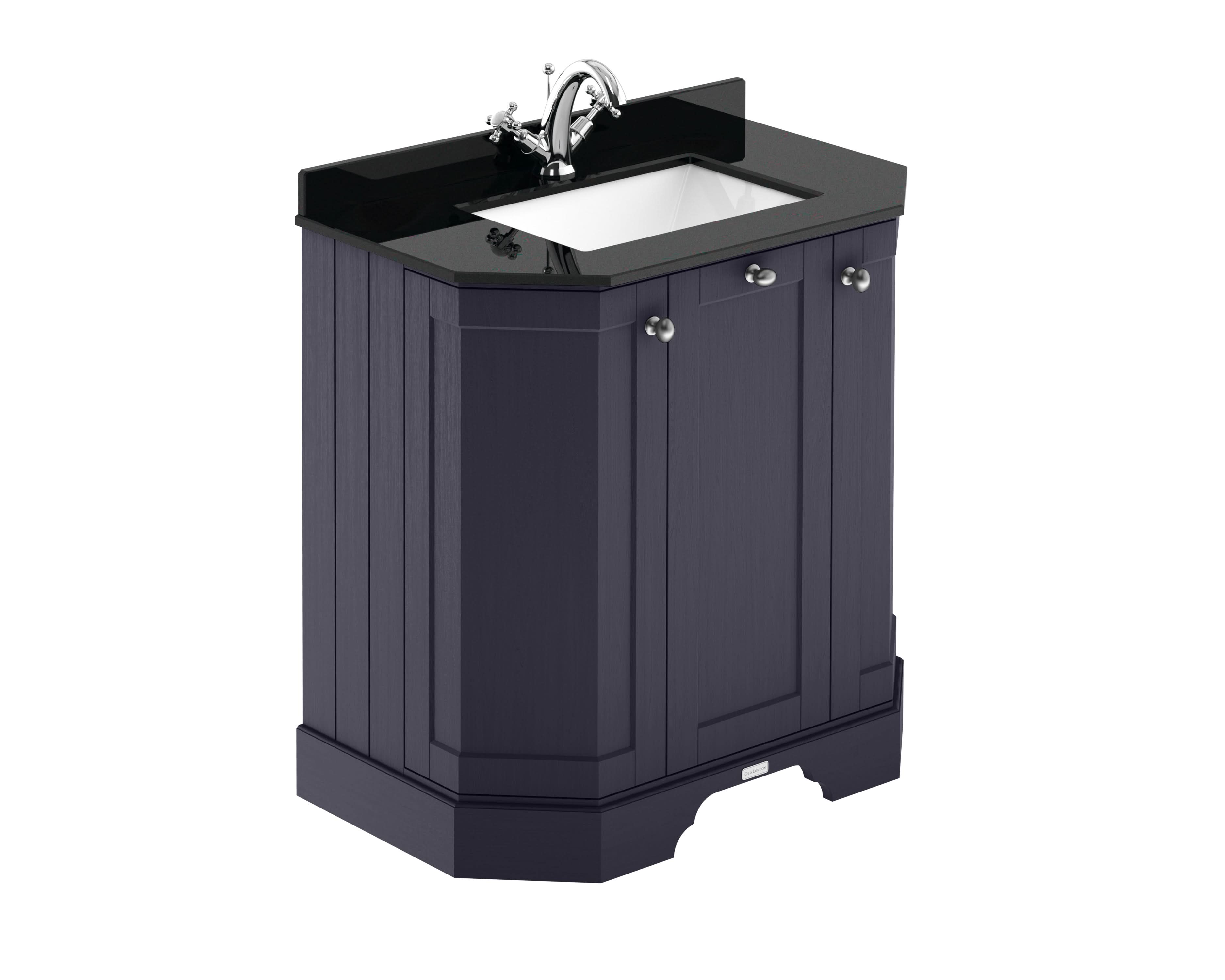 Old London Floor Standing 3 Door Vanity Unit with 1 Tap Hole Black Marble Top, Sink Vanity Unit for Bathroom, Traditional Style & Ample Storage in Twilight Blue, 750mm