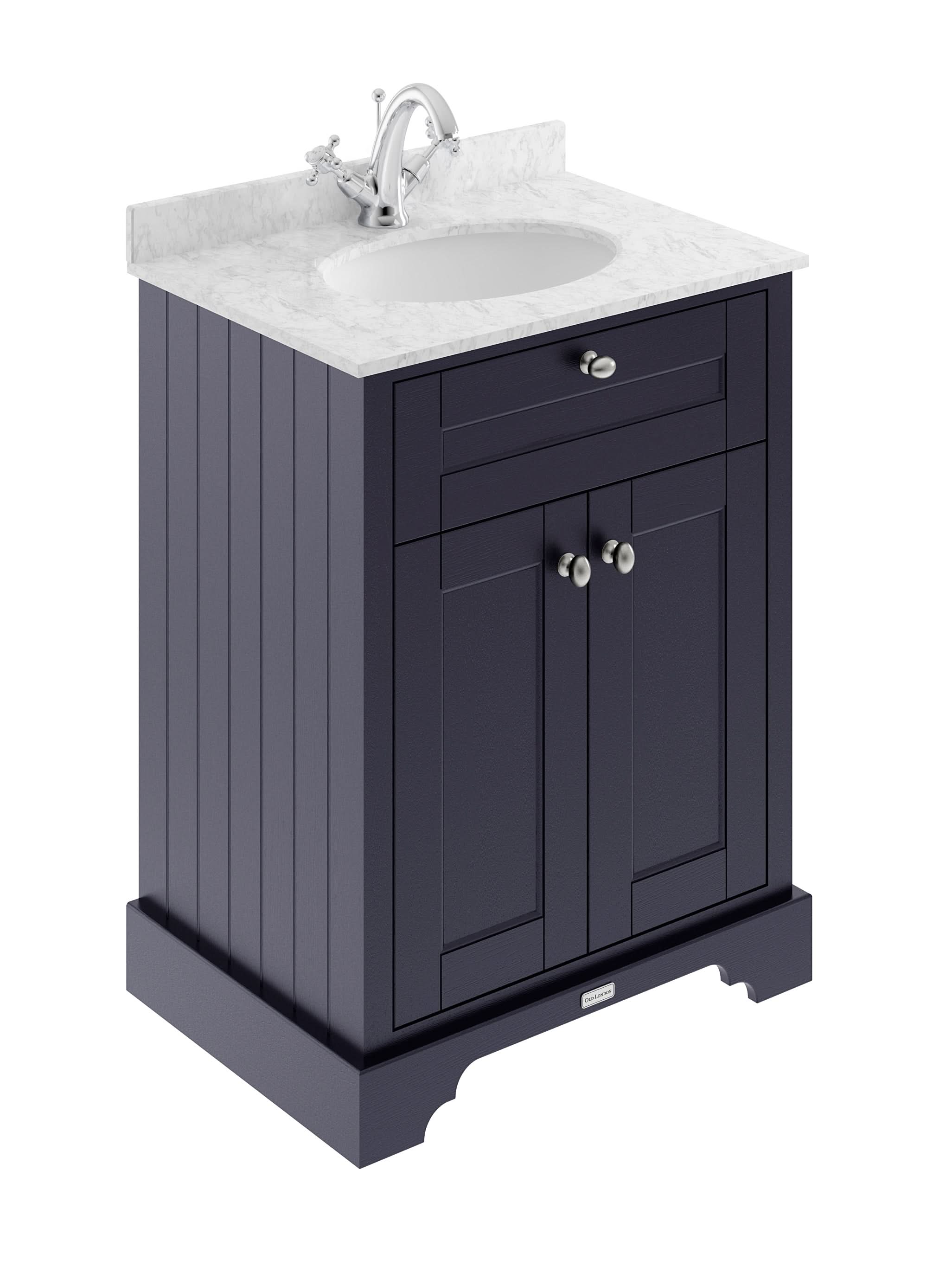 Old London Floor Standing Vanity Unit with Grey Marble Basin Top 2 Door, Traditional Bathroom Sink Cabinet, Soft Close, Vanity Unit with Basin in Twilight Blue, 600mm