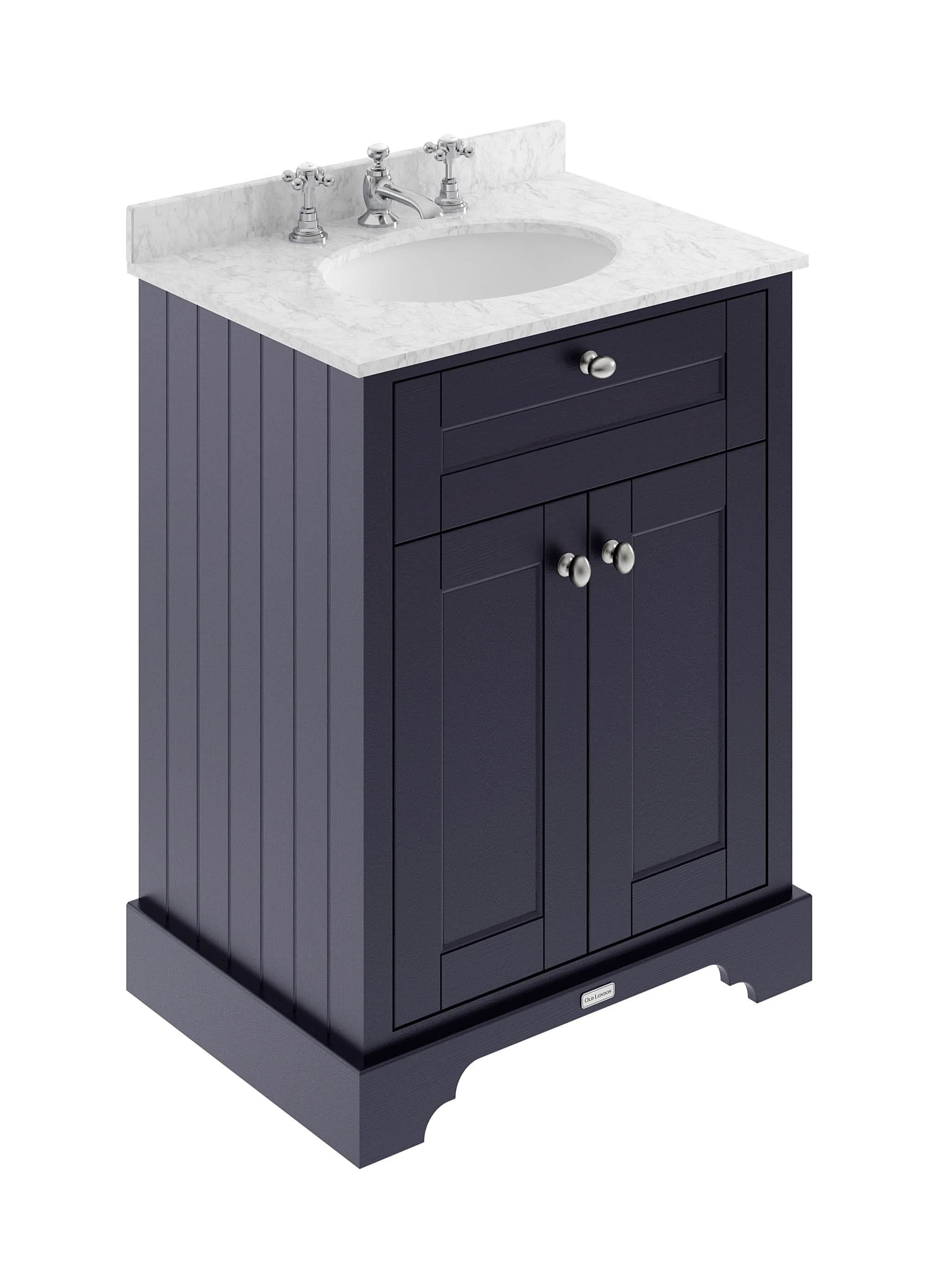 Old London Floor Standing Vanity Unit with 3 Tap Hole Grey Marble Basin, Traditional 2 Door Sink Vanity Unit for Bathroom, Soft Close in Twilight Blue, 600mm