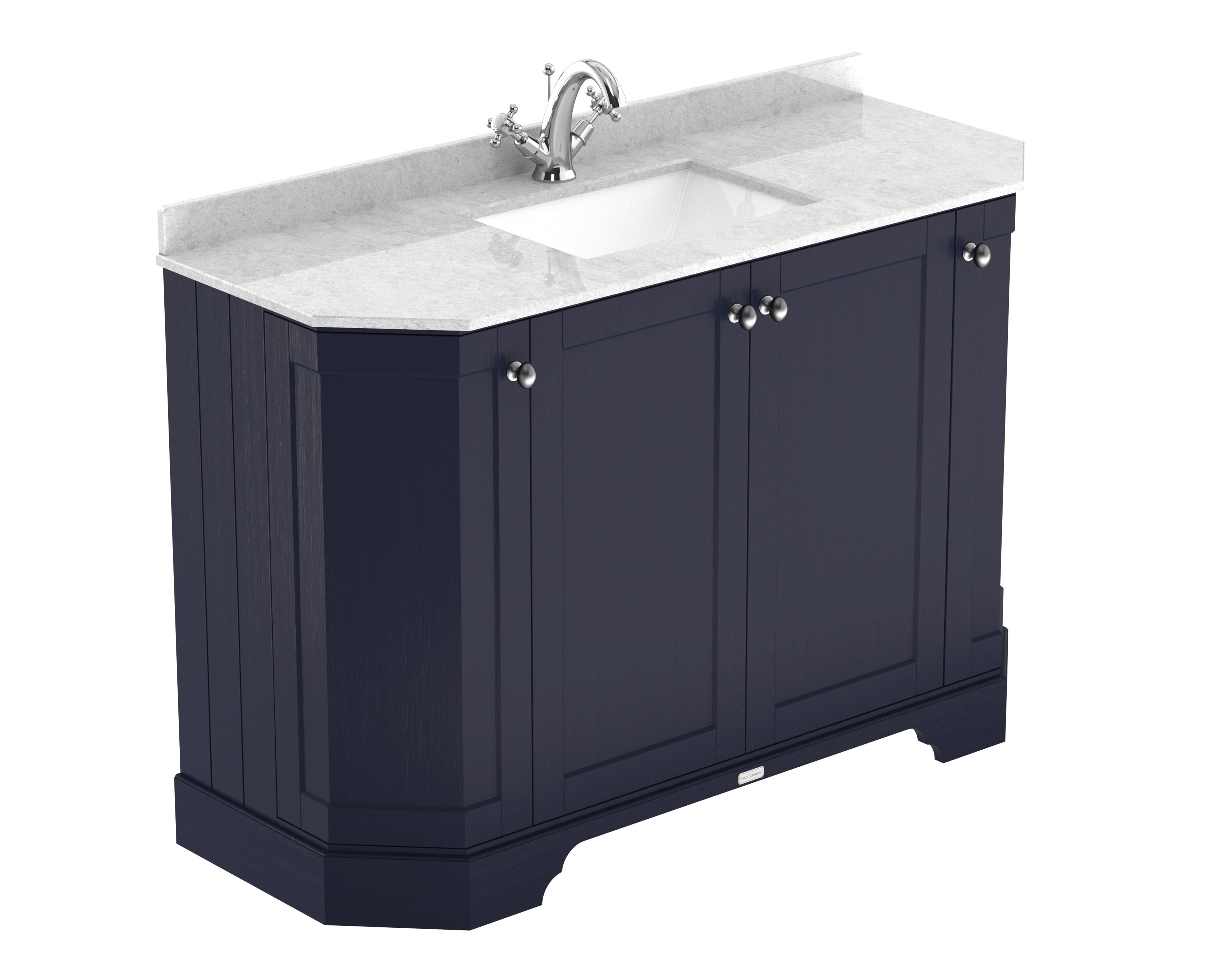 Old London Floor Standing Vanity Unit with White Marble Basin, 4 Door Traditional Sink Vanity Unit Cabinet with Soft Close Doors in Twilight Blue, 1200mm