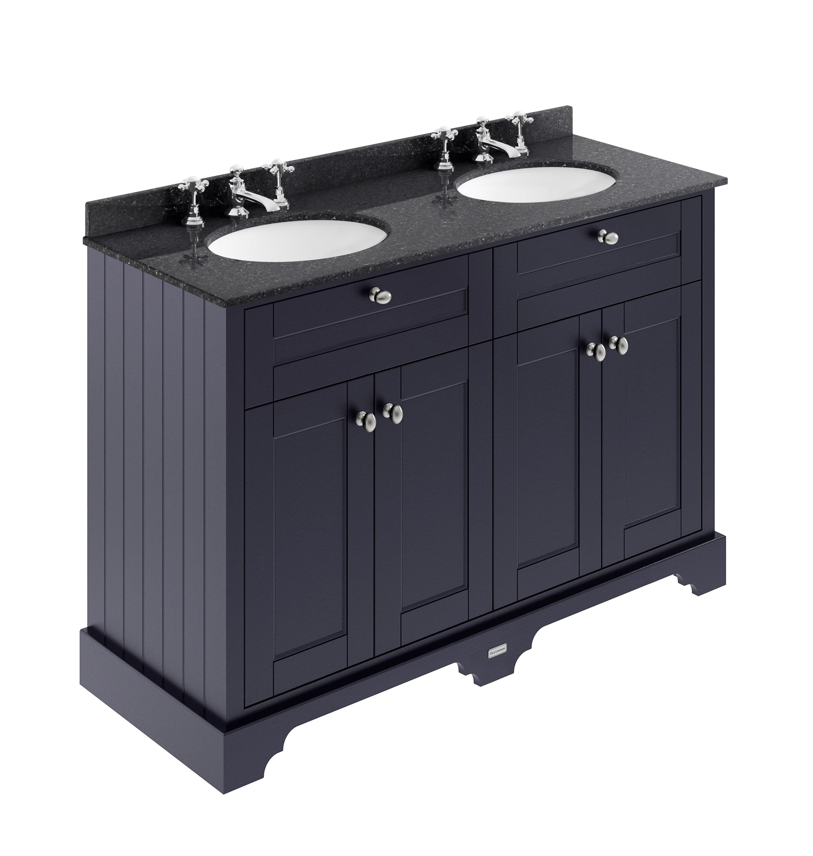 Old London Floor Standing Vanity Unit with 4 Doors, Double Black Marble Basin & 3 Tap Holes Sink Vanity Unit for Traditional Bathroom Interiors in Twilight Blue, 1200mm