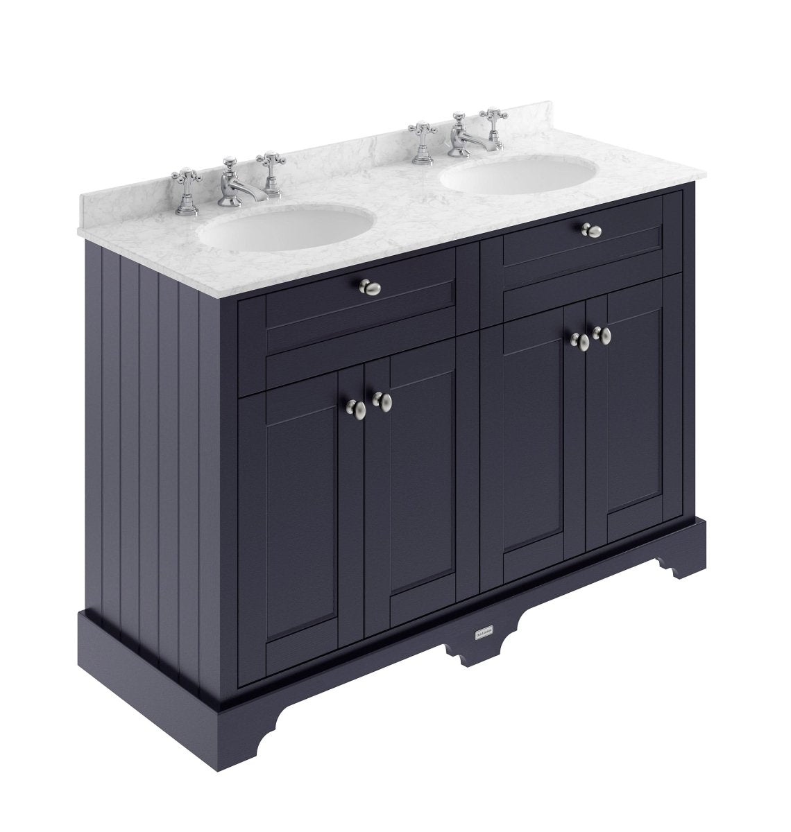 Old London Floor Standing 4 Door Vanity Unit with 3 Tap Hole Grey Marble Double Basin, Traditional Sink Vanity Unit for Bathroom in Twilight Blue, 1200mm
