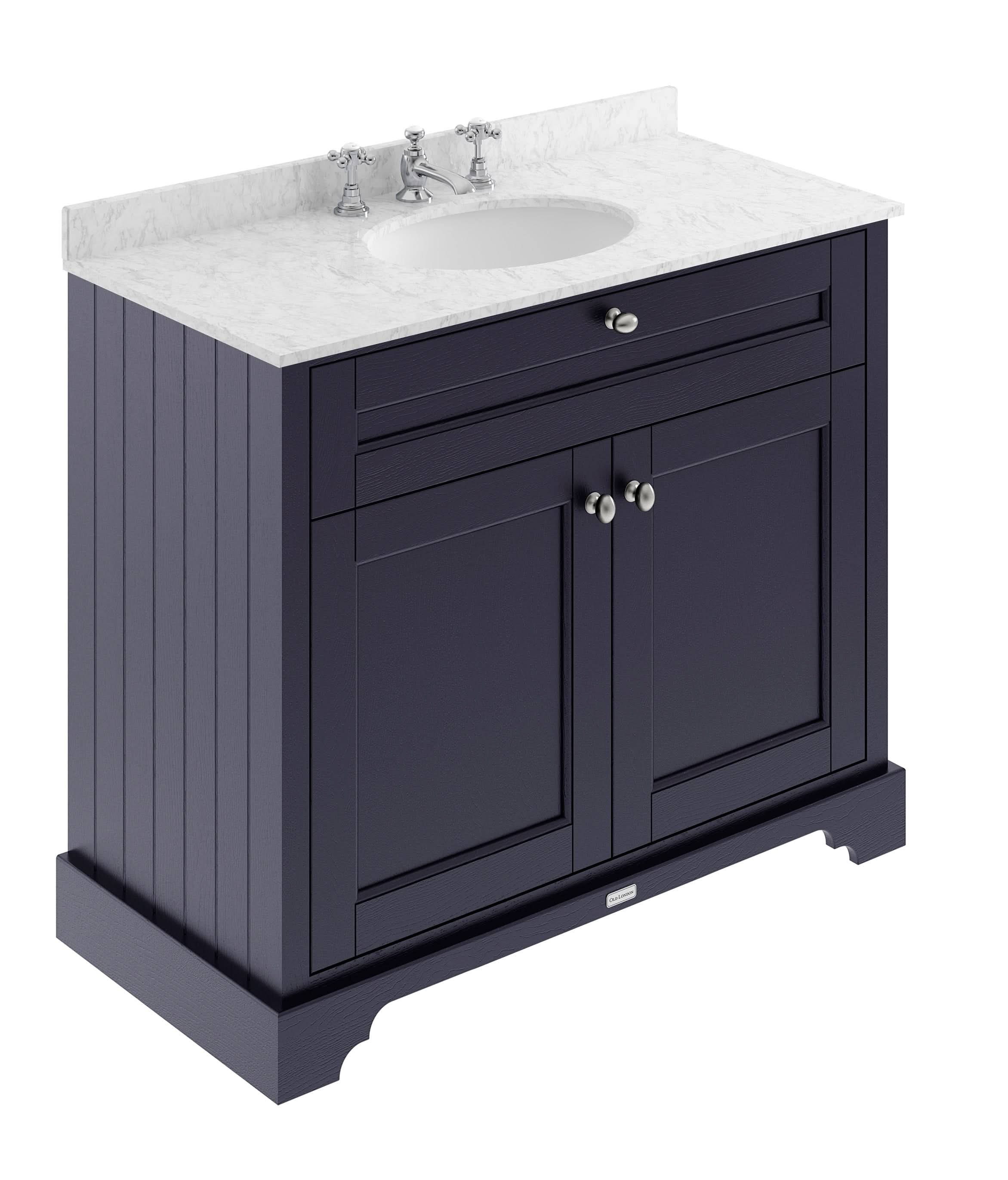 Old London Floor Standing Vanity Unit with 2 Doors, Grey Marble 3 Tap Hole Basin, Sink Vanity Unit for Traditional Bathrooms in Twilight Blue Finish, 1000mm