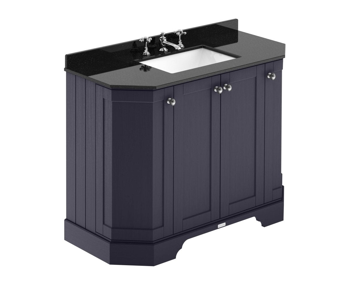Old London Floor Standing 4 Door Angled Vanity Unit with 3 Tap Hole Black Marble Basin Top, Traditional Sink Vanity Unit for Classic Bathroom in Twilight Blue, 1000mm
