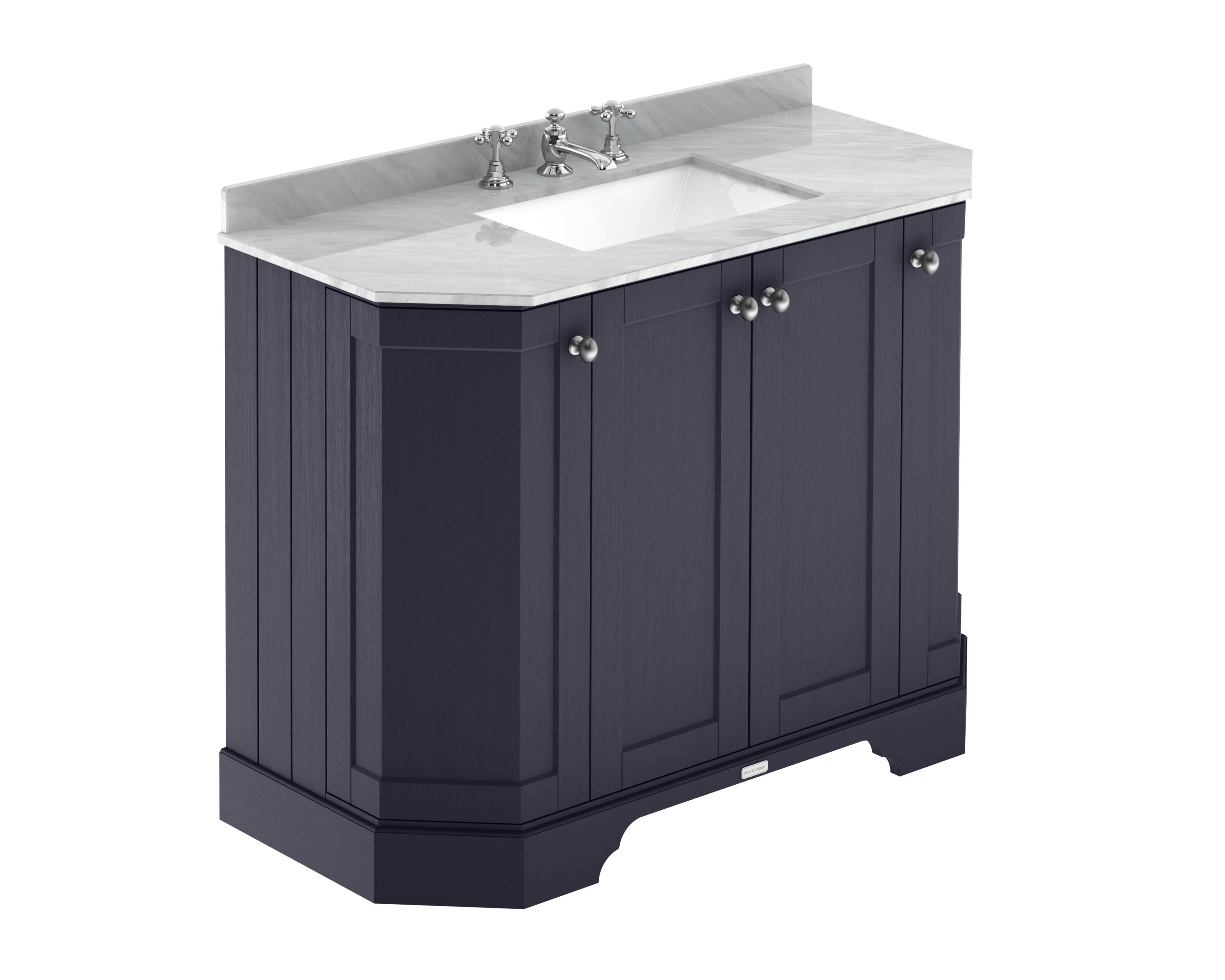 Old London Floor Standing Vanity Unit with Basin, 4 Door Angled Design, 3 Tap Hole Grey Marble Top, Sink Vanity Unit for Traditional Bathrooms in Twilight Blue, 1000mm