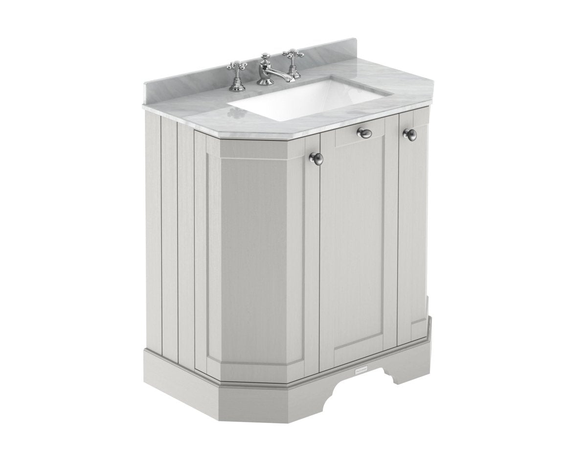 Old London Floor Standing Vanity Unit with Basin, 3 Door Angled Design, Grey Marble Top Traditional Sink Vanity Unit for Bathroom Storage in Timeless Sand, 750mm