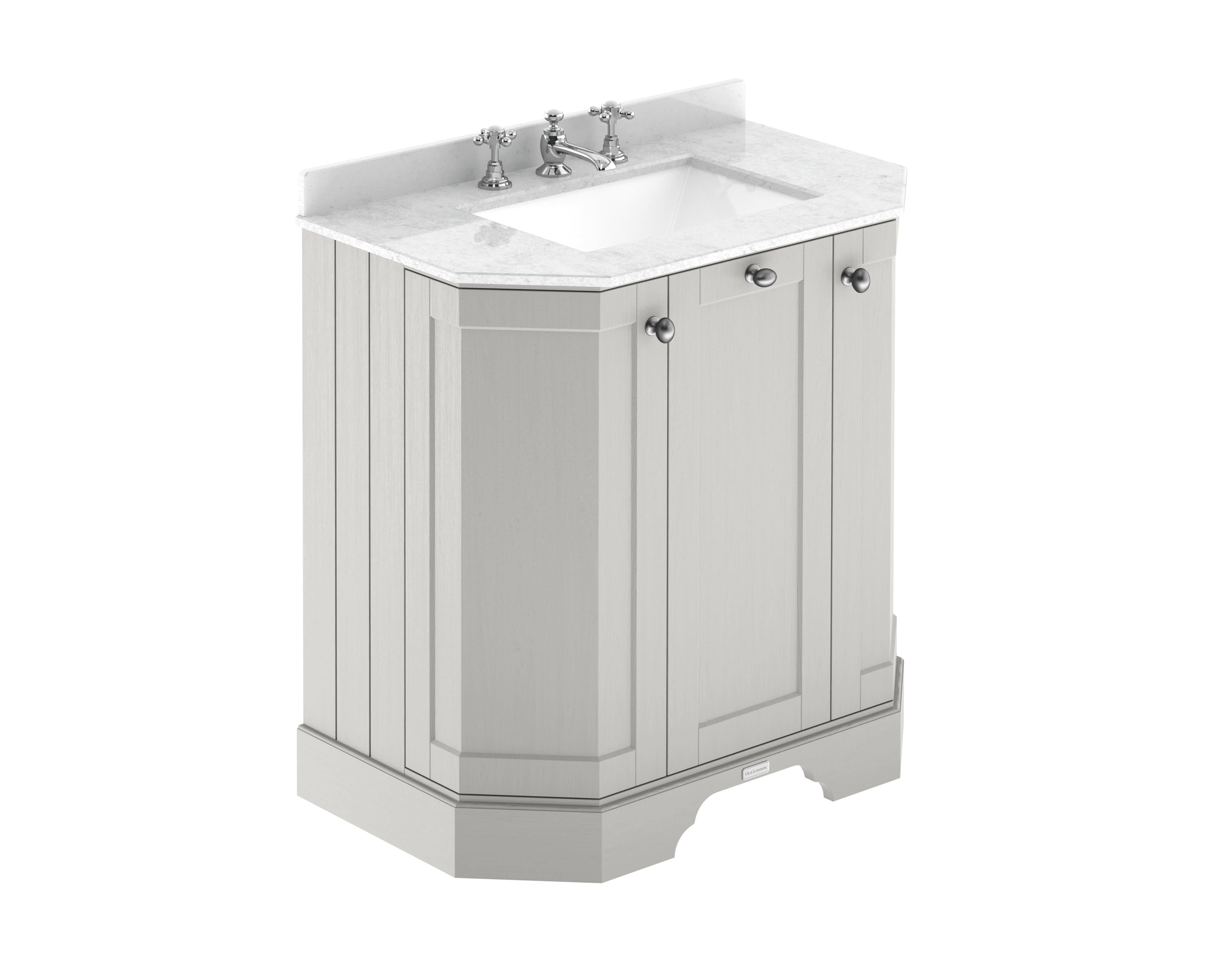 Old London Floor Standing Vanity Unit, 3 Door Angled Design with White Marble Top and 3 Tap Hole, Classic Bathroom Vanity Unit with Basin Storage in Timeless Sand, 750mm
