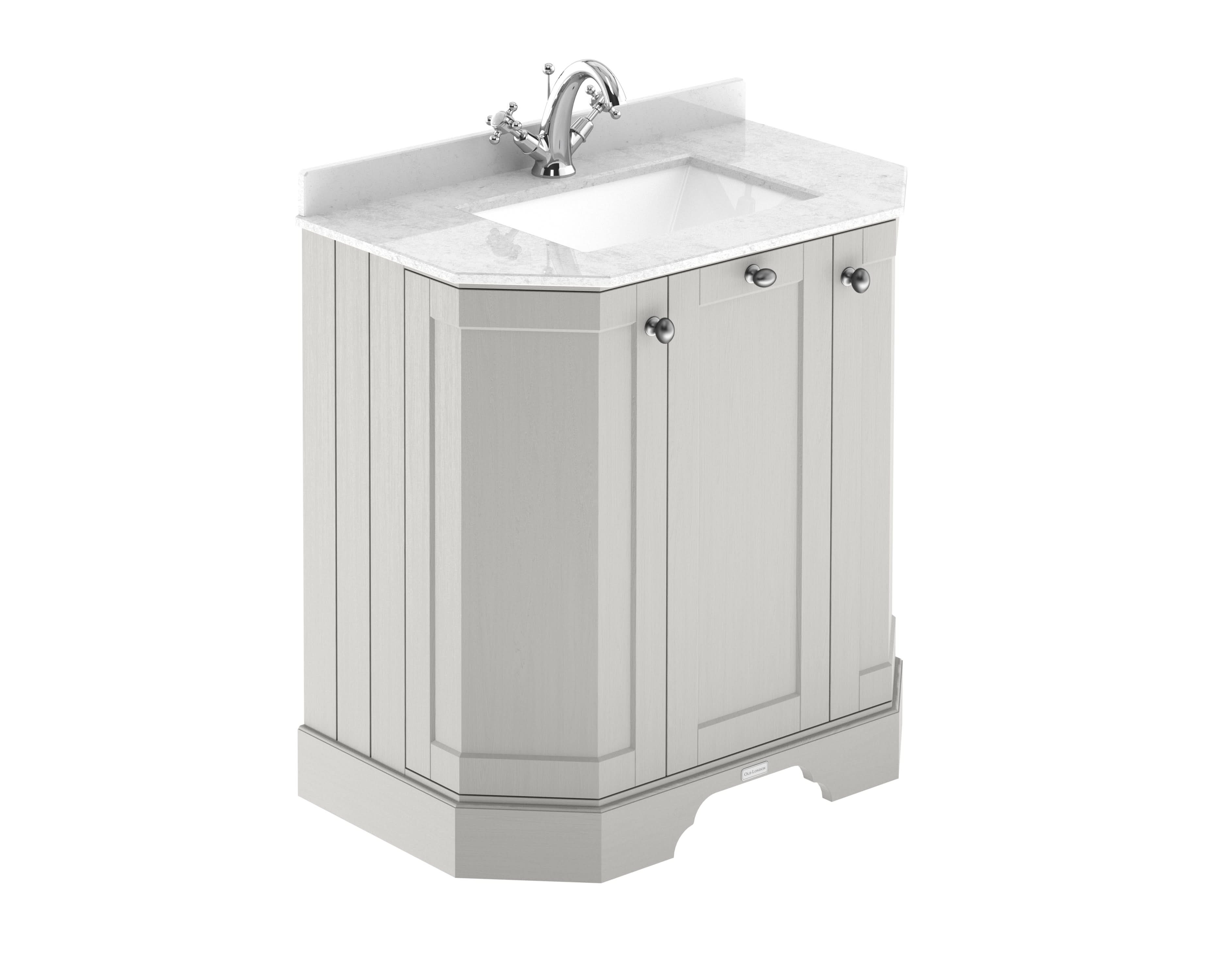 Old London Floor Standing 3 Door Vanity Unit with White Marble Basin Top, Traditional Sink Vanity Unit in Bathroom, Soft Close Doors in Timeless Sand Finish, 750mm