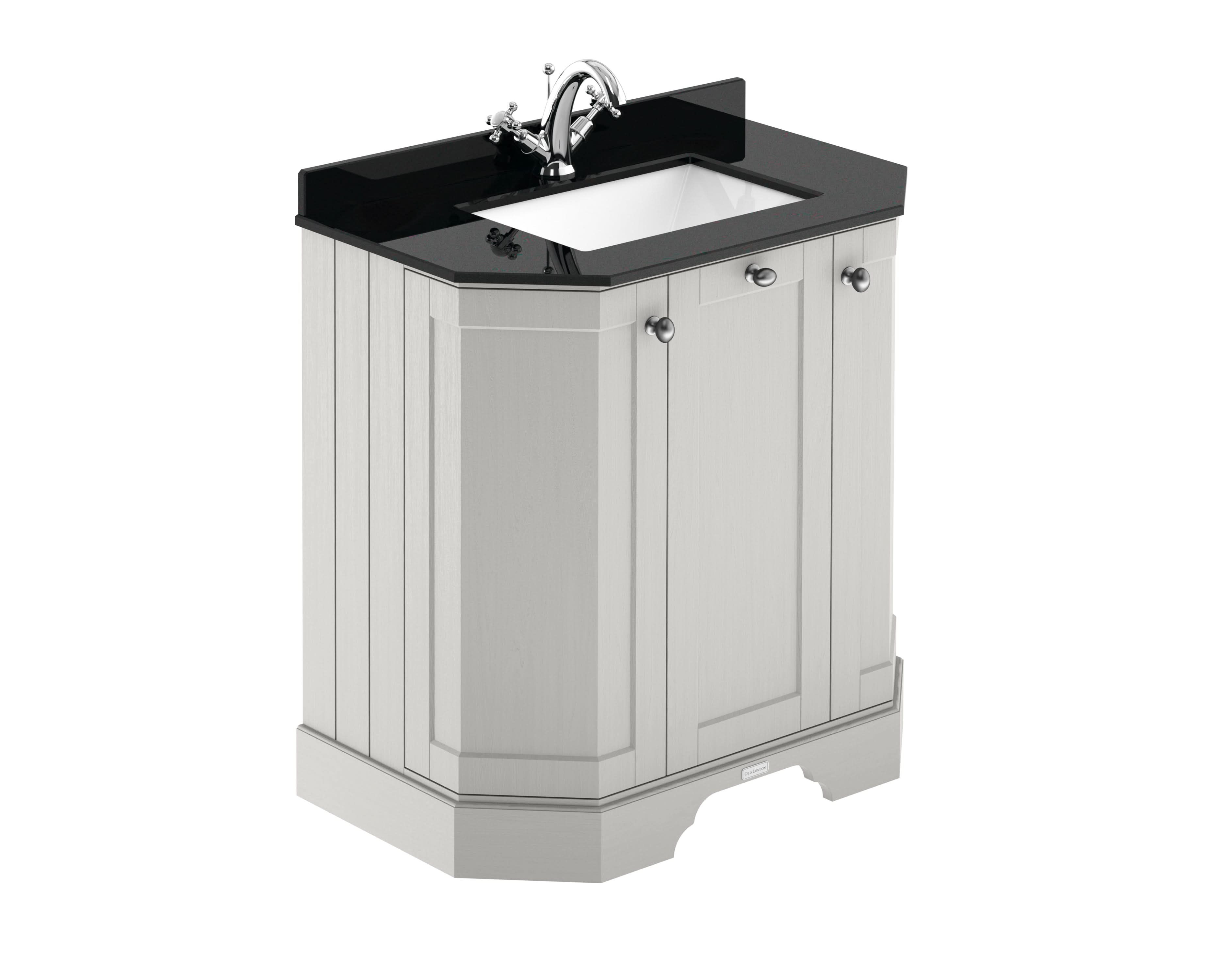 Old London Floor Standing 3 Door Angled Vanity Unit with 1 Tap Hole Black Marble Basin, Traditional Sink Vanity Unit for Classic Bathrooms in Timeless Sand, 750mm