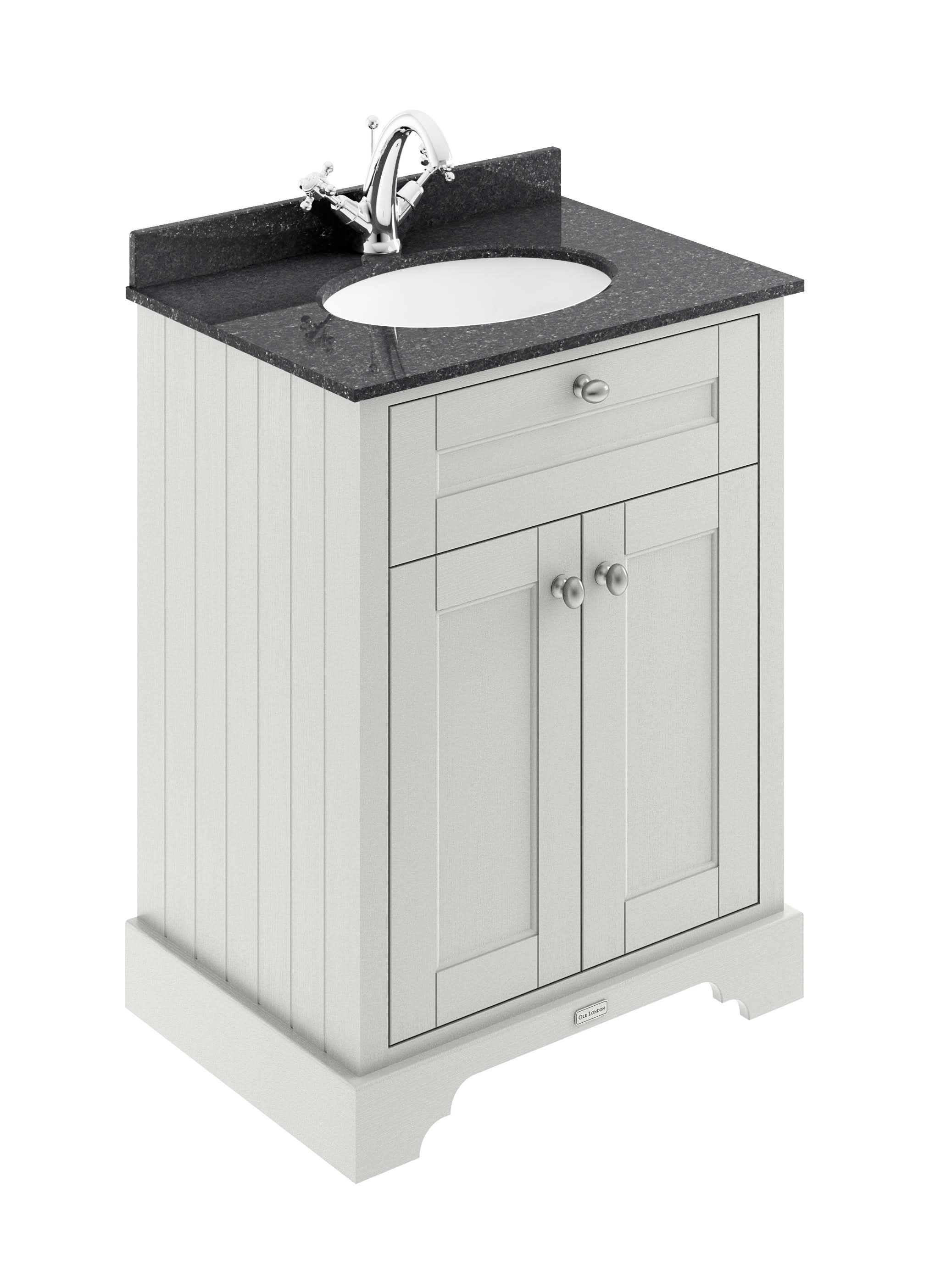 Old London Floor Standing Vanity Unit with 2 Doors, 1 Tap Hole Black Marble Basin, Traditional Bathroom Vanity Unit with Basin & Soft Close Doors in Timeless Sand, 600mm