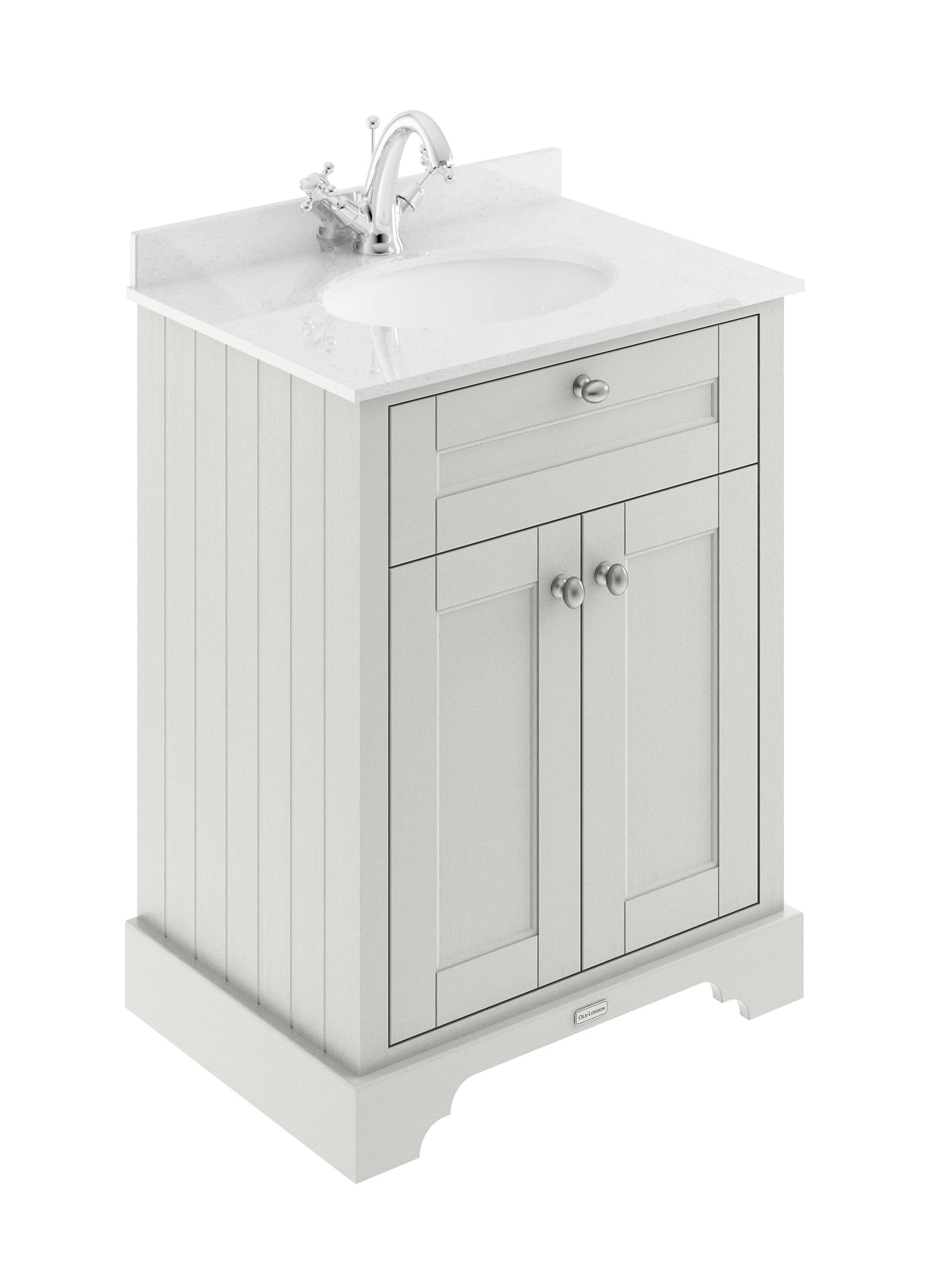 Old London Floor Standing Vanity Unit with White Marble Top & Basin, 2 Door Traditional Sink Vanity Unit for Bathroom Storage, 1 Tap Hole Design in Timeless Sand, 600mm