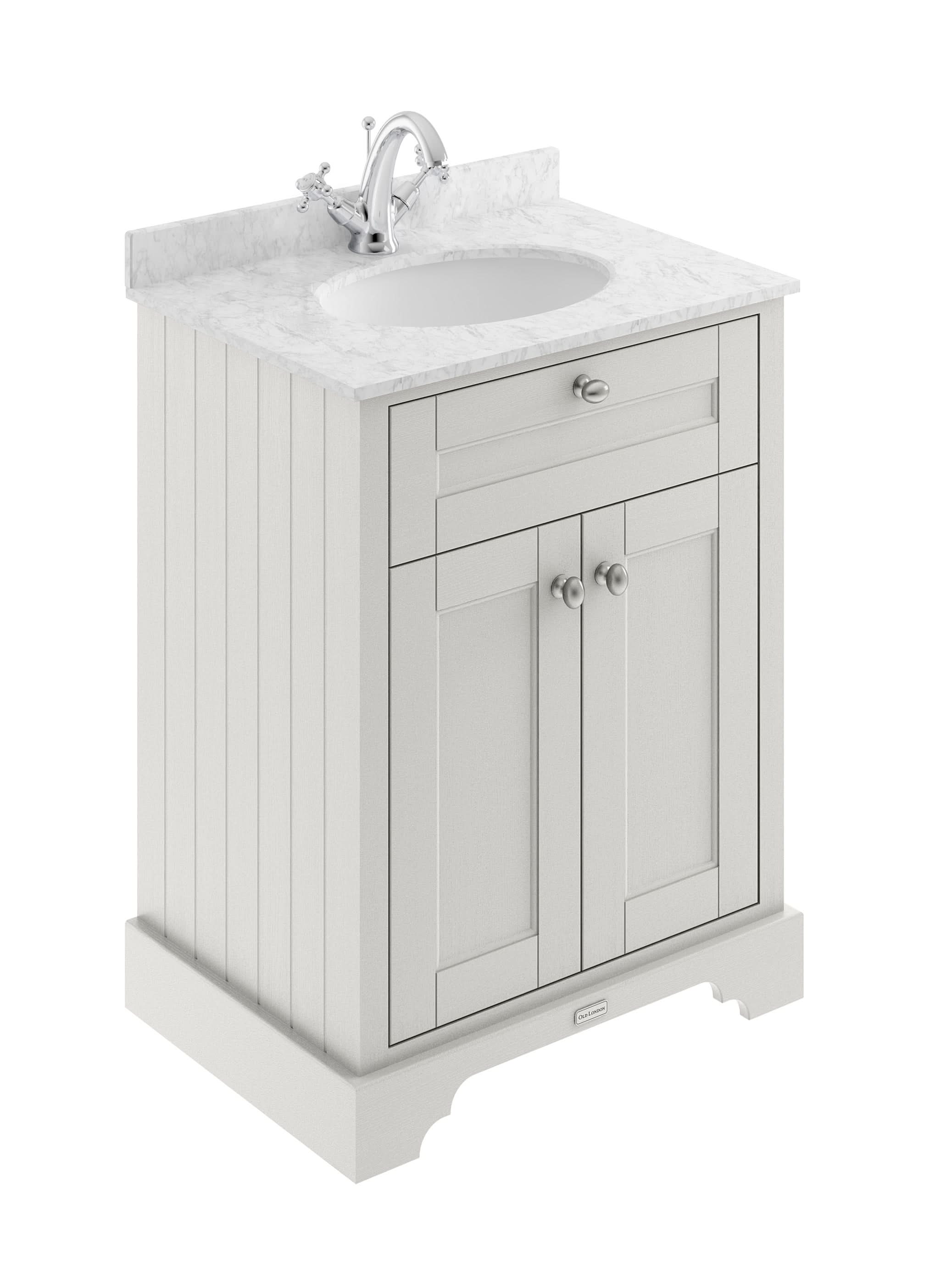Old London Floor Standing Vanity Unit with 2 Soft Close Doors, Grey Marble Top Basin, Traditional Sink Cabinet for Bathroom in Timeless Sand Finish, 600mm