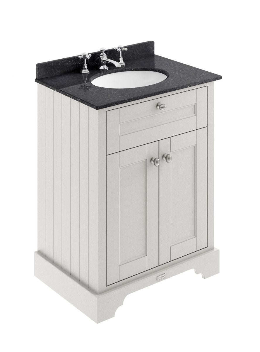 Old London Floor Standing Vanity Unit with 3 Tap Hole Black Marble Top, Traditional Sink Cabinet for Bathroom, Soft Close Doors in Timeless Sand, 600mm