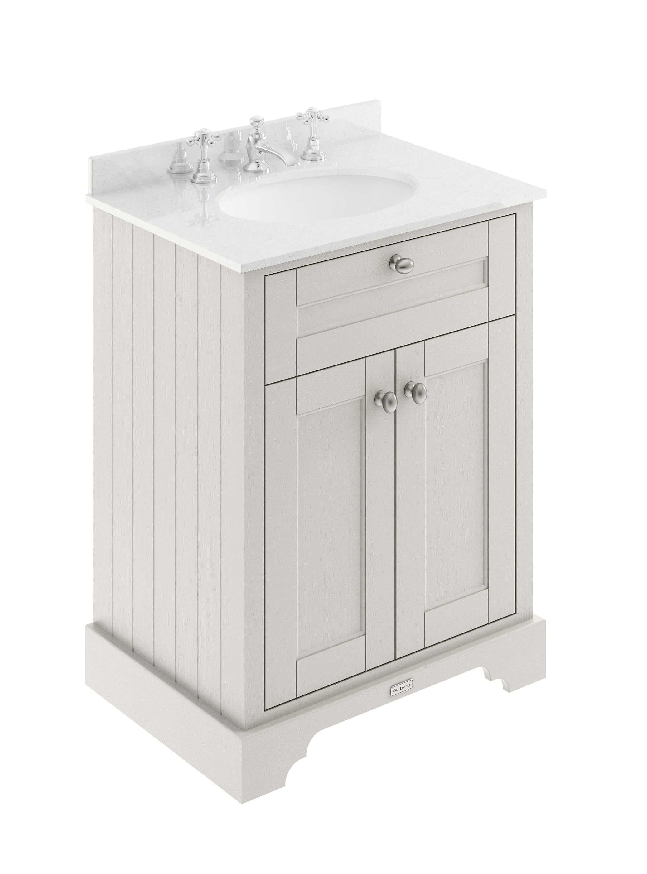 Old London Floor Standing Vanity Unit with 3 Tap Hole White Marble Top, Traditional Sink Cabinet for Bathroom, Soft Close Doors in Timeless Sand, 600mm