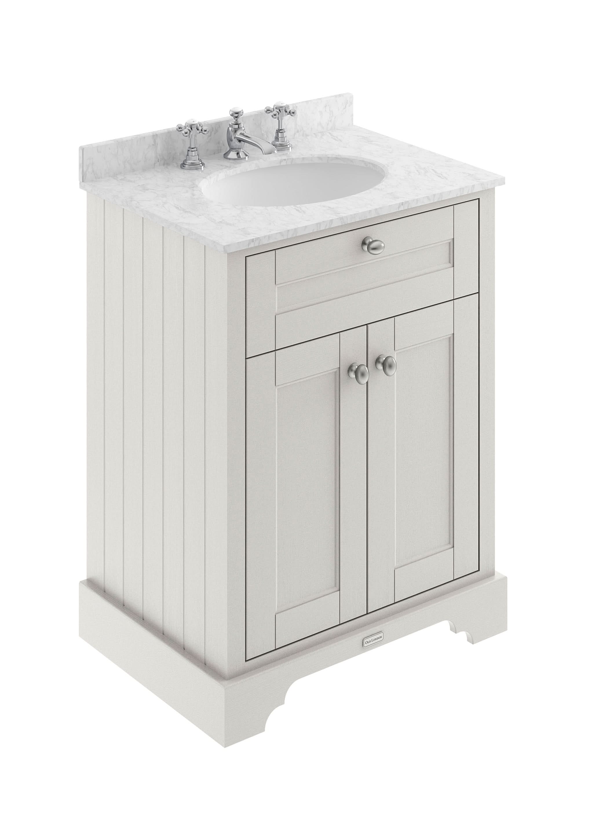 Old London Floor Standing Vanity Unit with 3 Tap Hole Grey Marble Top, Traditional Sink Vanity Unit for Bathroom, Soft Close Doors in Timeless Sand 600mm