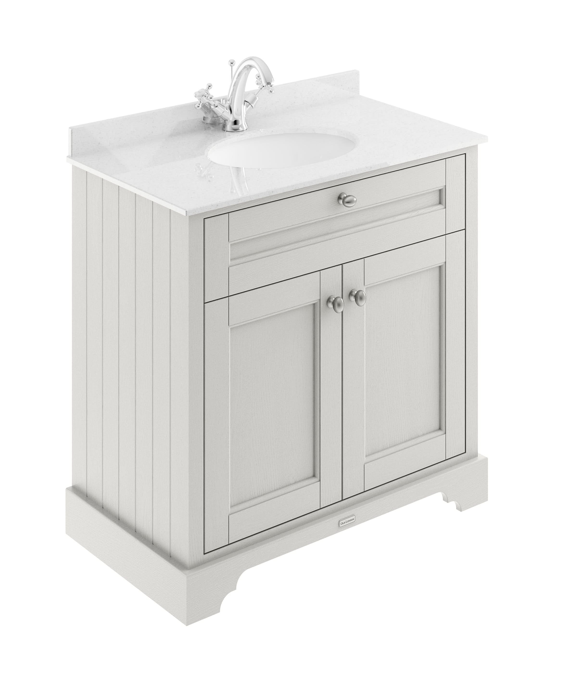 Old London Floor Standing Vanity Unit with 1 Tap Hole White Marble Top, Traditional Sink Vanity Unit for Bathroom, Soft Close Doors in Timeless Sand 800mm
