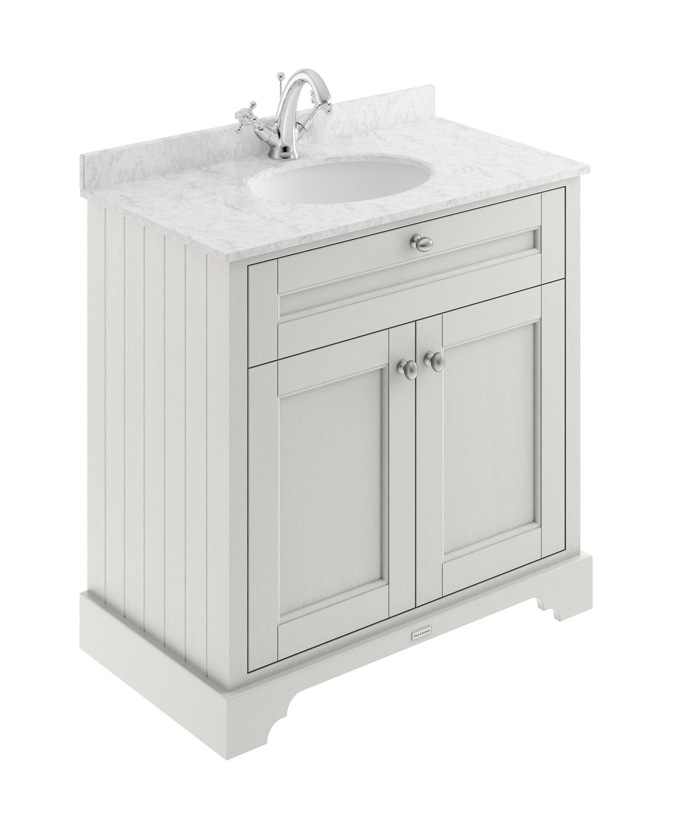 Old London Floor Standing Vanity Unit with 1 Tap Hole Grey Marble Top, Traditional Sink Vanity Unit for Bathroom, Soft Close Doors in Timeless Sand 800mm