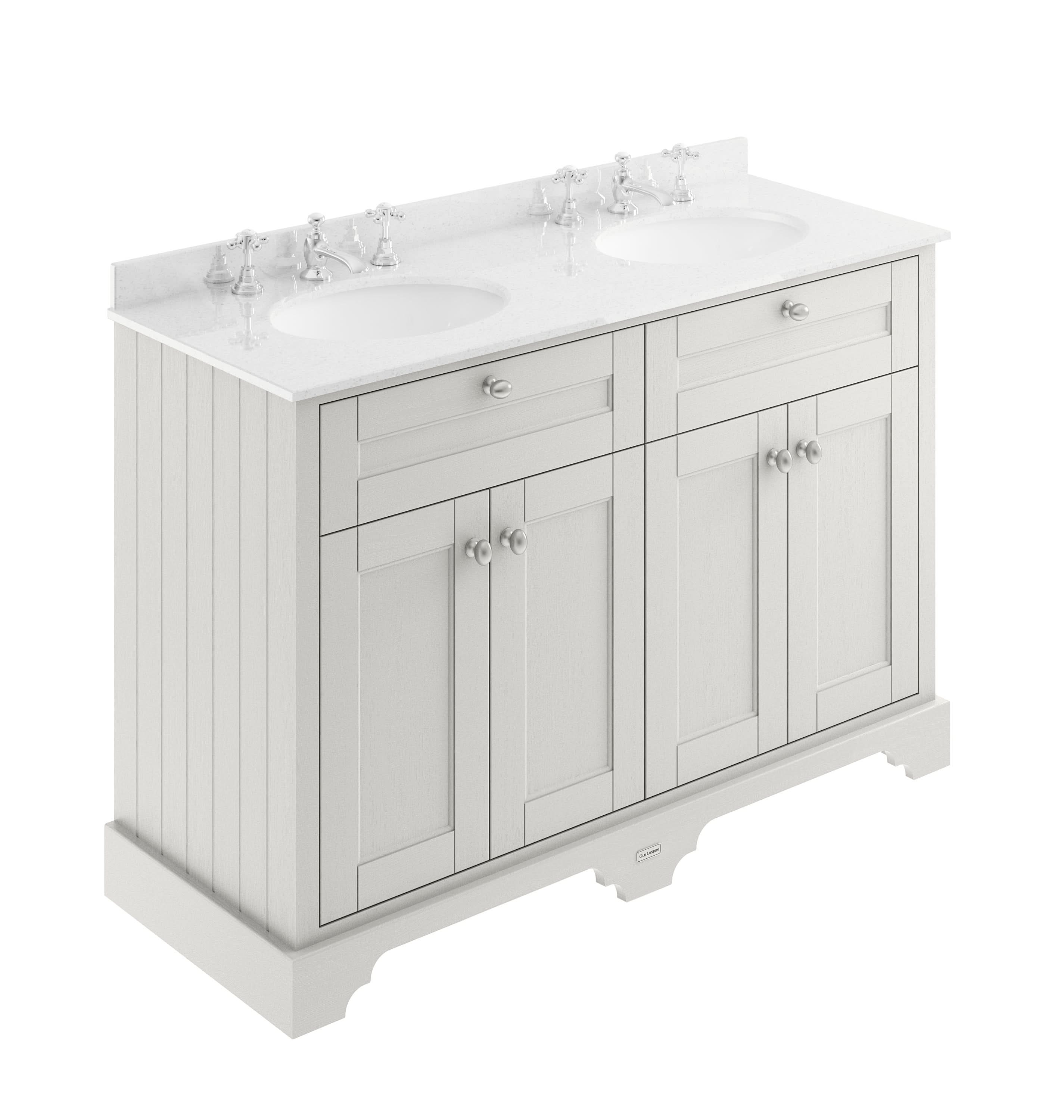 Old London Floor Standing 4 Door Vanity Unit with 3 Tap Hole White Marble Double Basin, Traditional Sink Vanity Unit for Bathroom in Timeless Sand, 1200mm