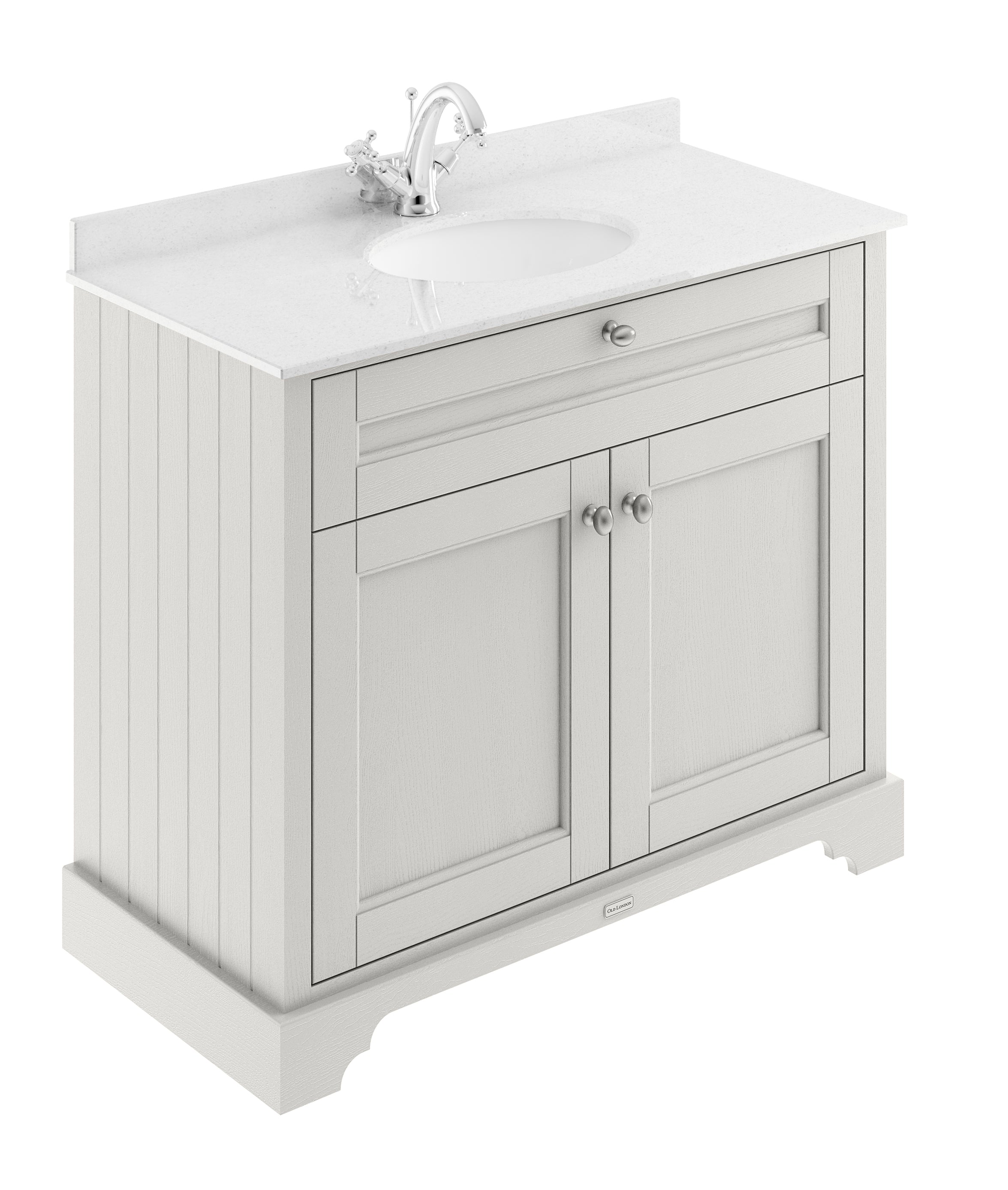 Old London Floor Standing Vanity Unit with 1 Tap Hole White Marble Basin Top, Sink Vanity Unit for Traditional Bathroom, Soft Close Doors in Timeless Sand, 1000mm