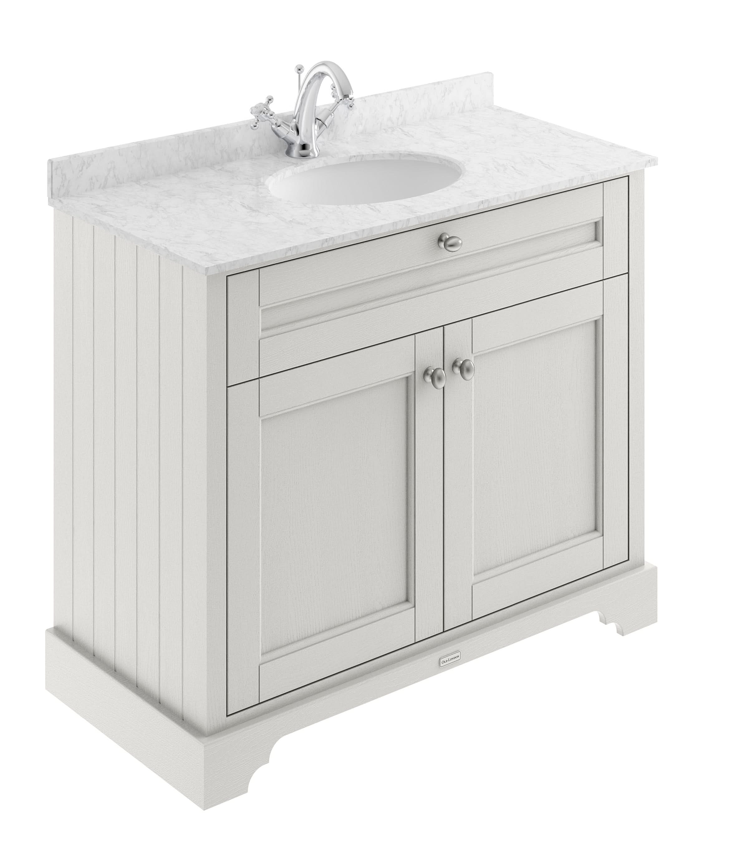 Old London Floor Standing Vanity Unit with Basin 2 Door Cabinet, Grey Marble Top, Finish Classic Sink Vanity Unit for Bathroom Style & Storage in Timeless Sand, 1000mm