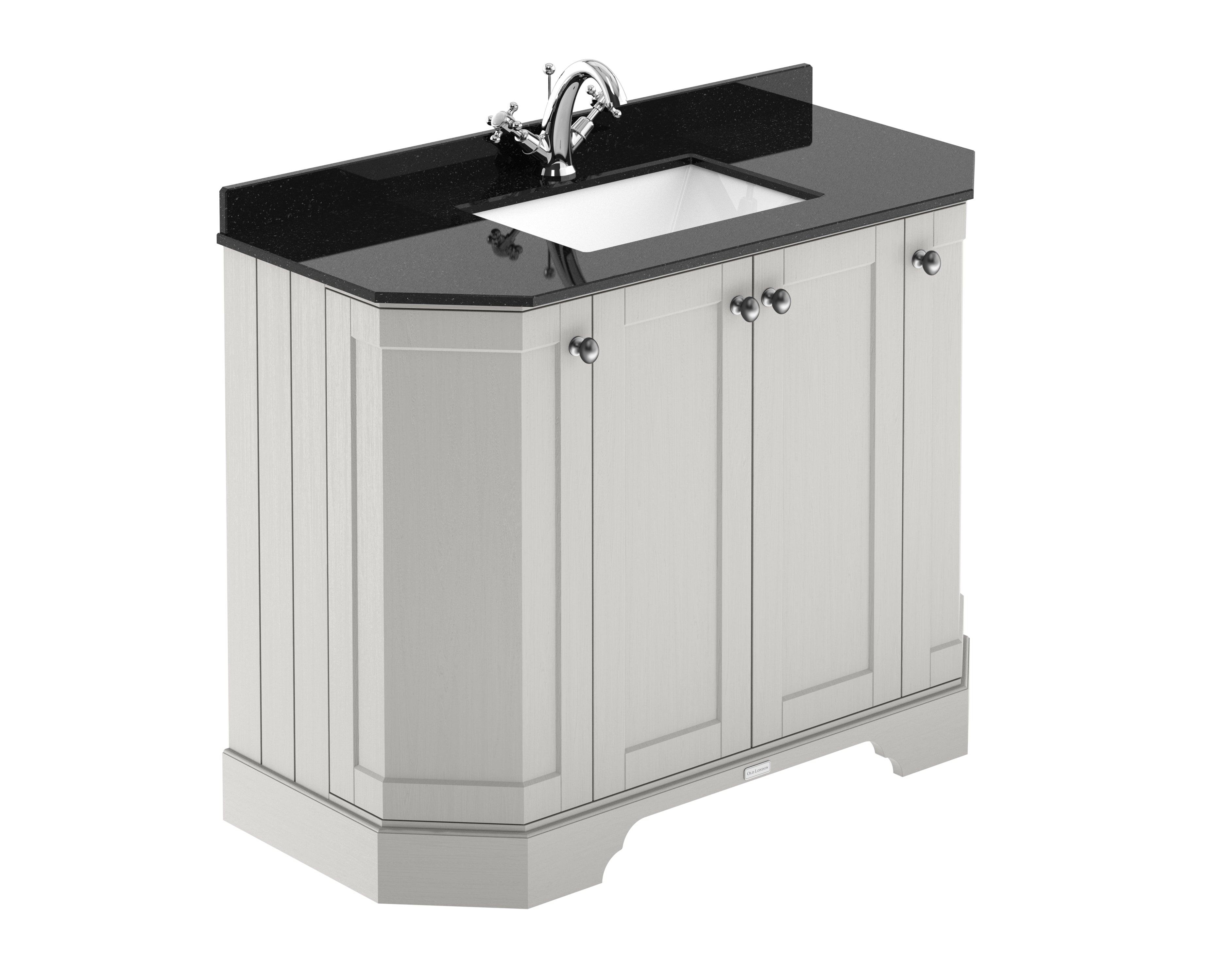Old London Floor Standing 4 Door Angled Vanity Unit with Black Marble Top, Traditional Sink Vanity Unit, Soft Close Doors in Timeless Sand Finish, 1000mm