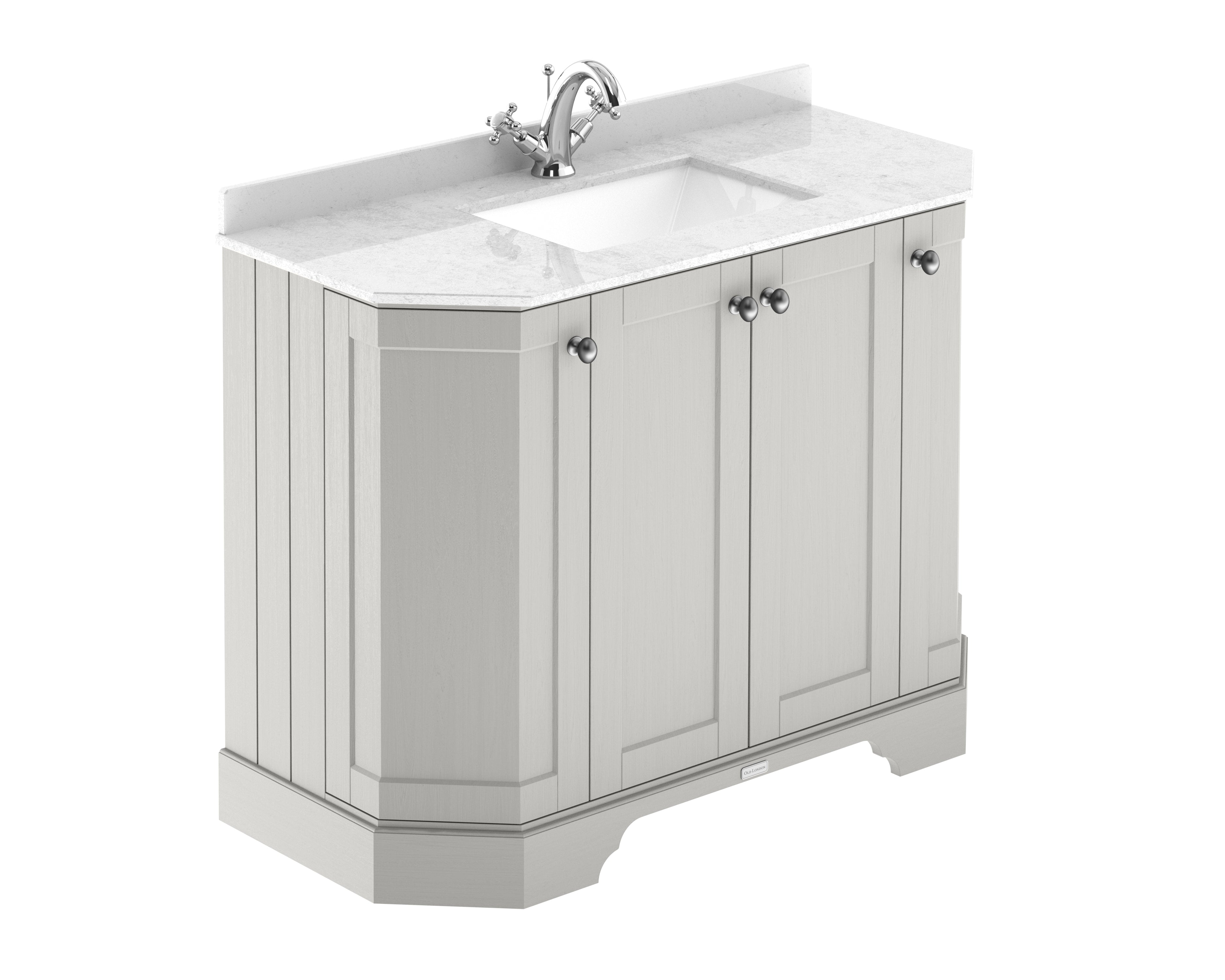 Old London Floor Standing 4 Door Angled Vanity Unit with Basin, White Marble Top, Traditional Bathroom Vanity Unit with 1 Tap Hole & Storage in Timeless Sand, 1000mm