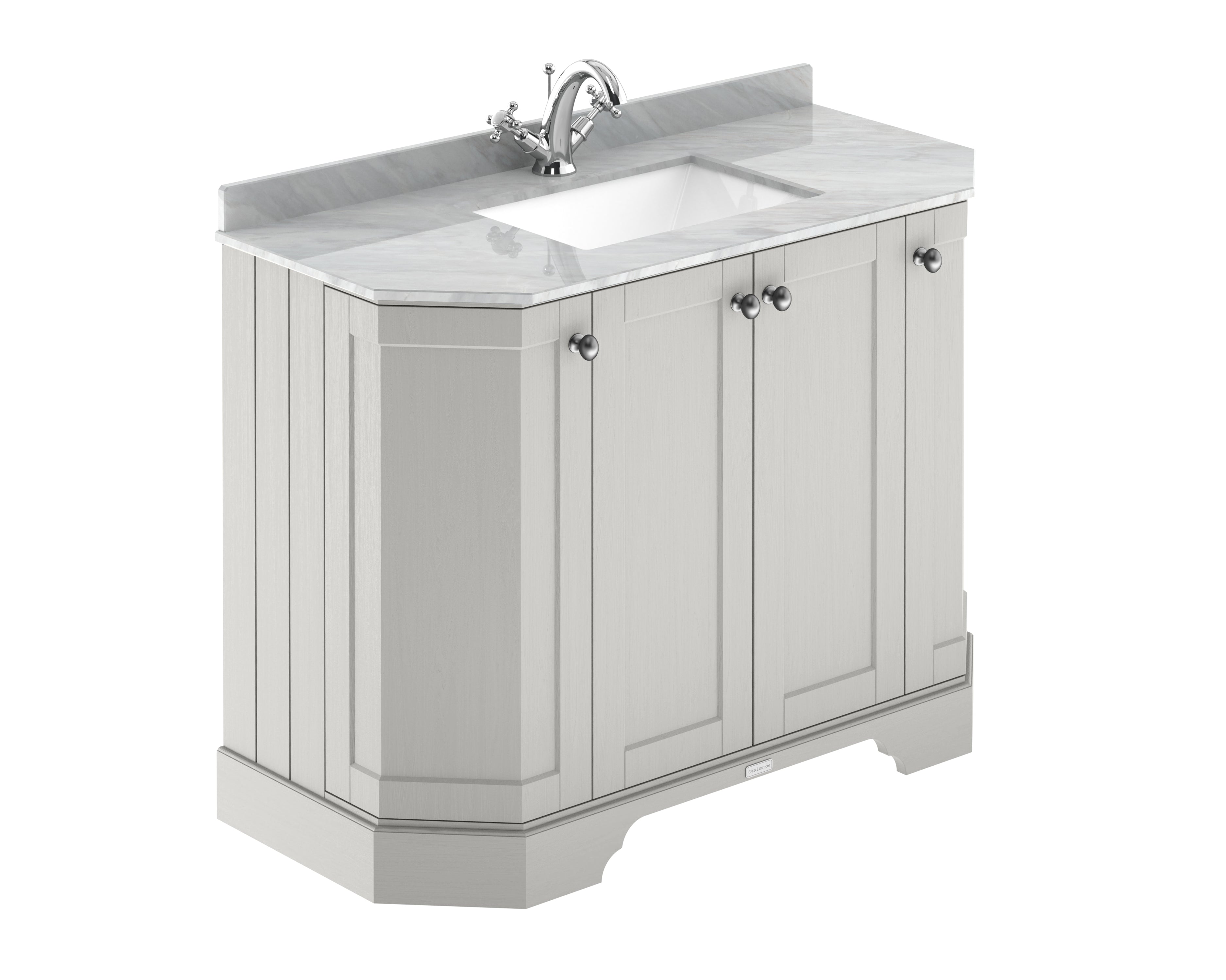 Old London Floor Standing 4 Door Angled Vanity Unit with Grey Marble Top & 1 Tap Hole Basin, Sink Vanity Unit for Bathroom, Soft Close Doors in Timeless Sand, 1000mm