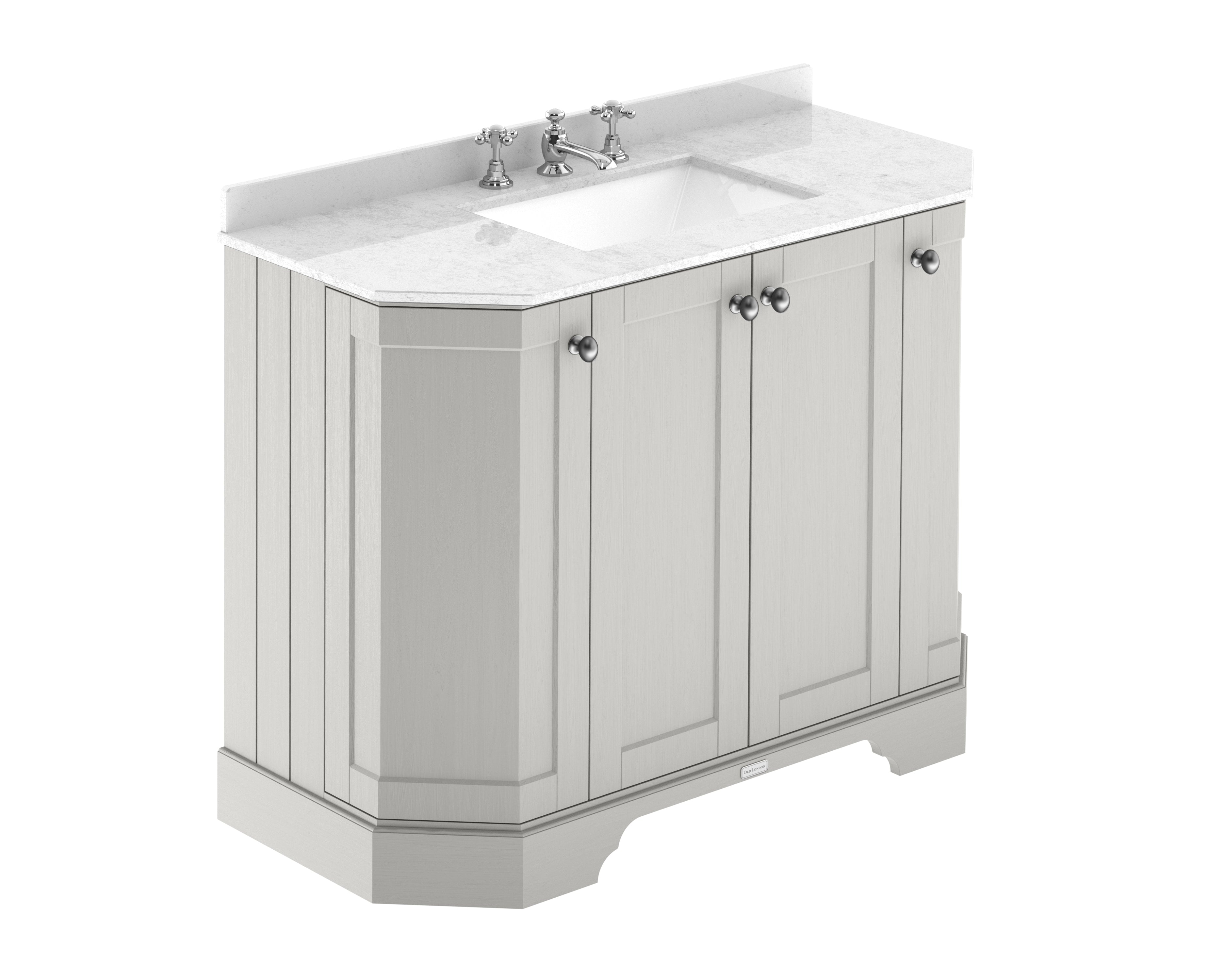 Old London Floor Standing Vanity Unit with Basin 3 Tap Hole, 4 Door Angled Sink Cabinet, White Marble Top, Traditional Style Bathroom Vanity Unit in Timeless Sand, 1000mm