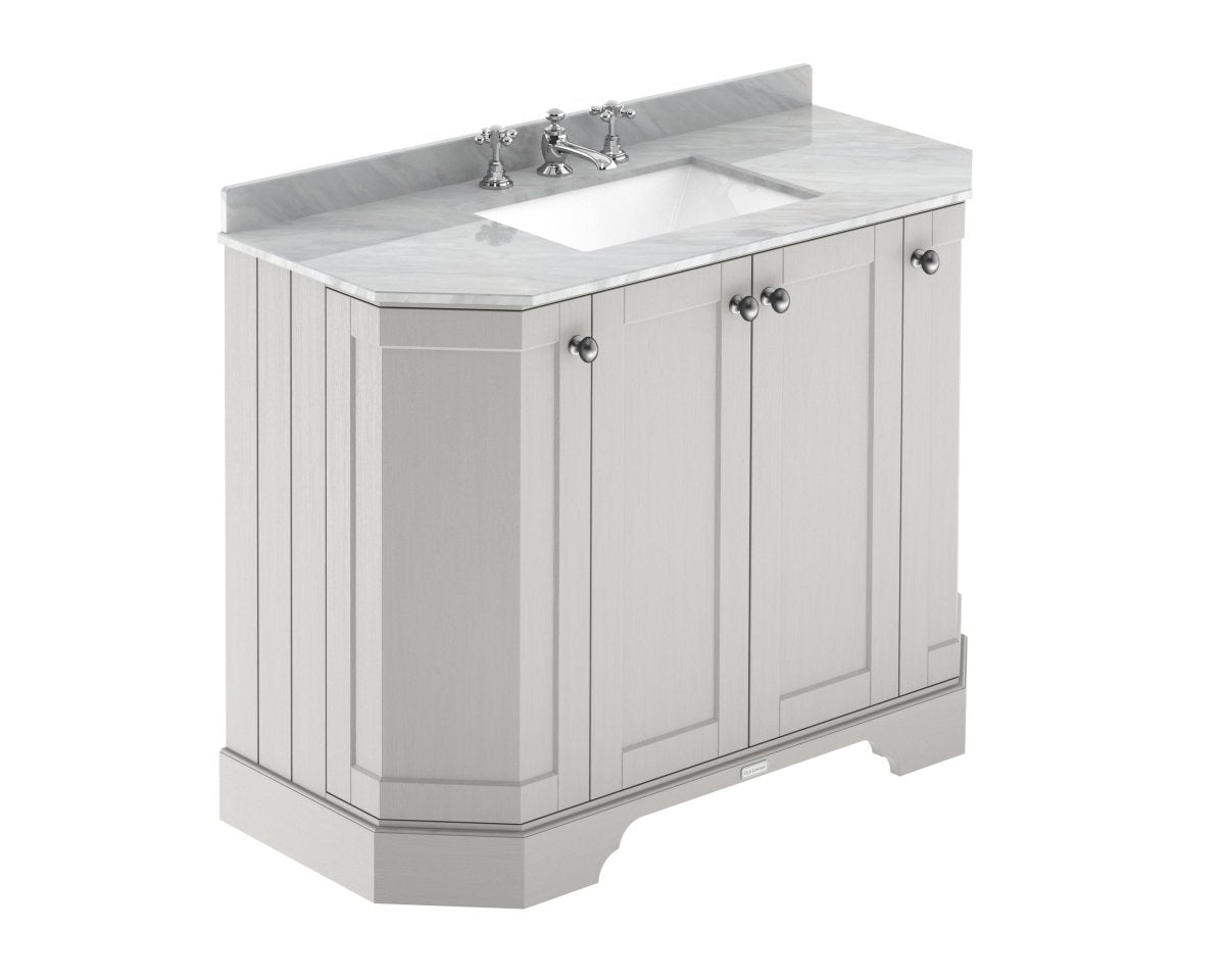Old London Floor Standing 4 Door Angled Vanity Unit with Grey Marble 3 Tap Hole Basin, Sink Vanity Unit for Traditional Bathroom Interiors in Timeless Sand, 1000mm
