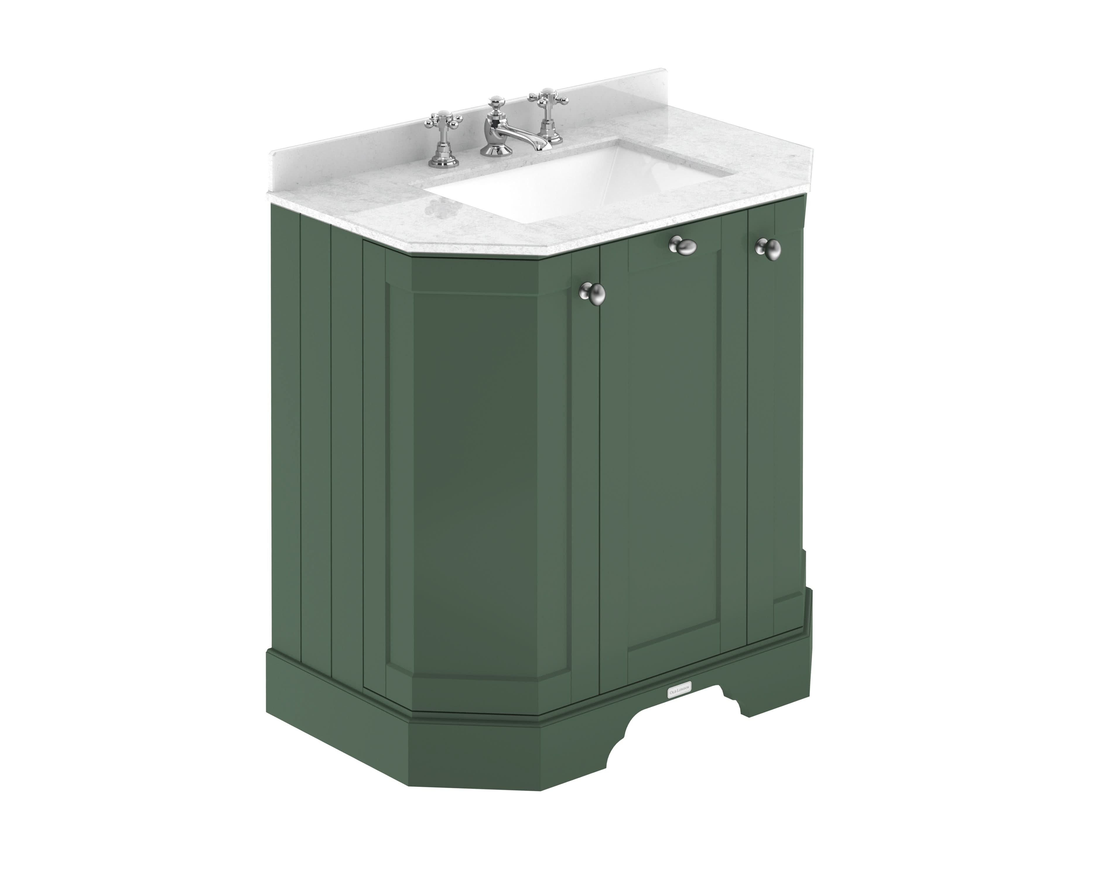 Old London Floor Standing Vanity Unit with 3-Door Storage & White Marble Basin, Durable Traditional Bathroom Sink Cabinet, Soft Close in Hunter Green Finish, 750mm
