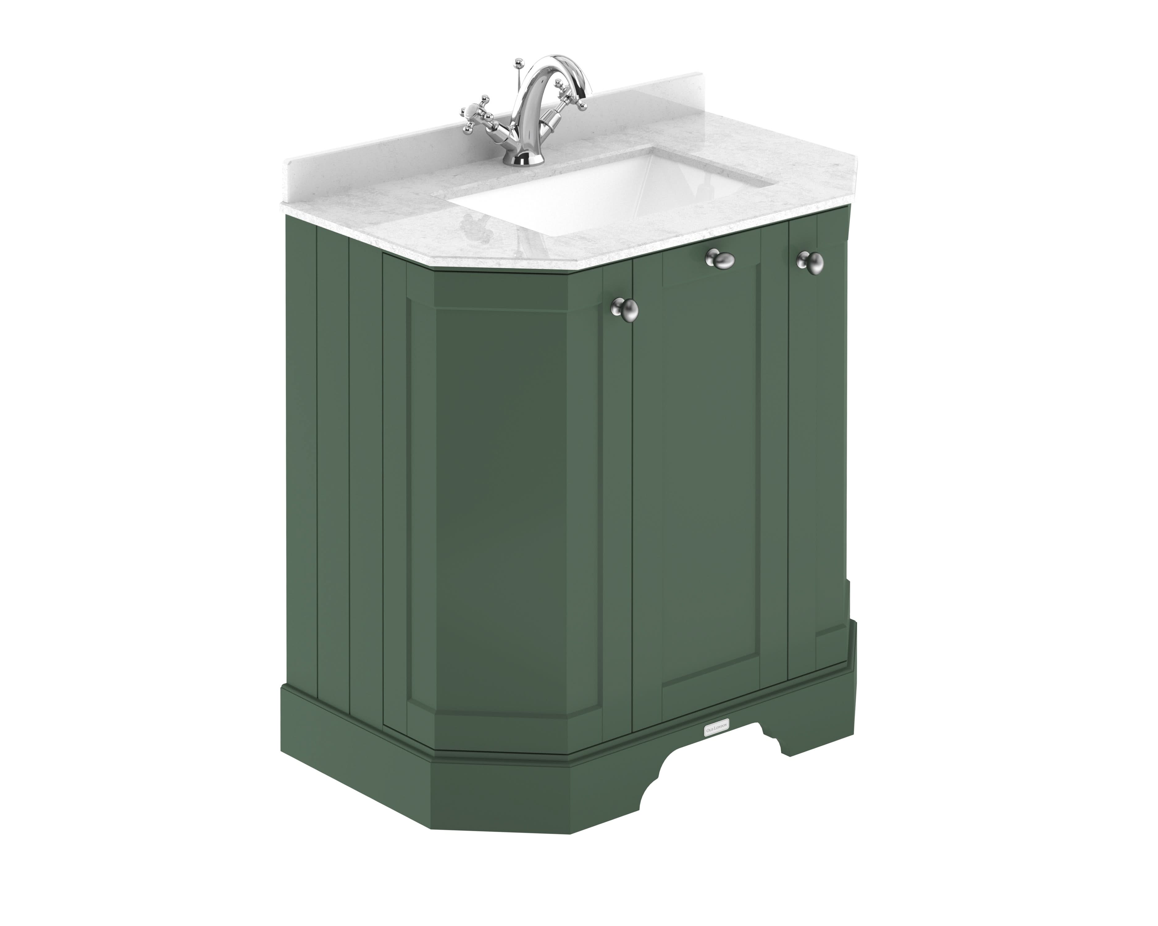Old London Floor Standing Vanity Unit with White Marble Basin in 1 Tap Hole, 3-Door Sink Cabinet, Durable Traditional Style Soft Close in Hunter Green, 750mm