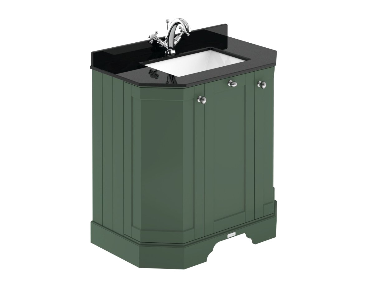 Old London Floor Standing Vanity Unit with Black Marble Basin in 1 Tap Hole, 3-Door Sink Cabinet, Durable Traditional Style Soft Close in Hunter Green, 750mm