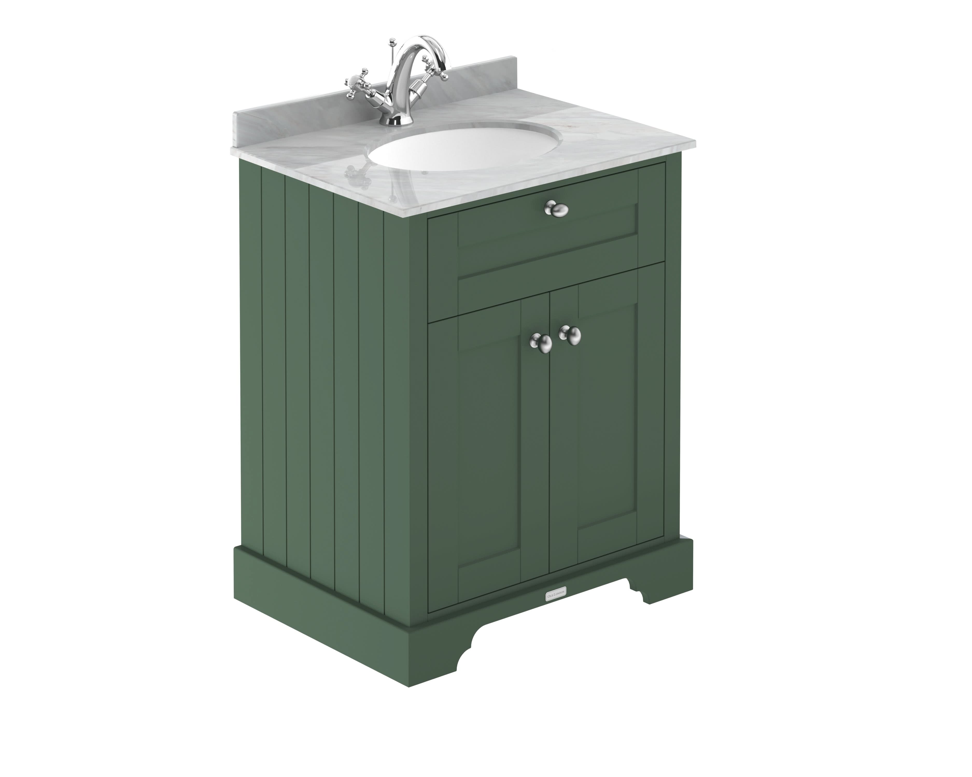 Old London Floor Standing Vanity Unit with Grey Marble Basin 1 Tap Hole, Durable 2-Door Soft Close Cabinet with Traditional Bathroom Style in Hunter Green 600mm