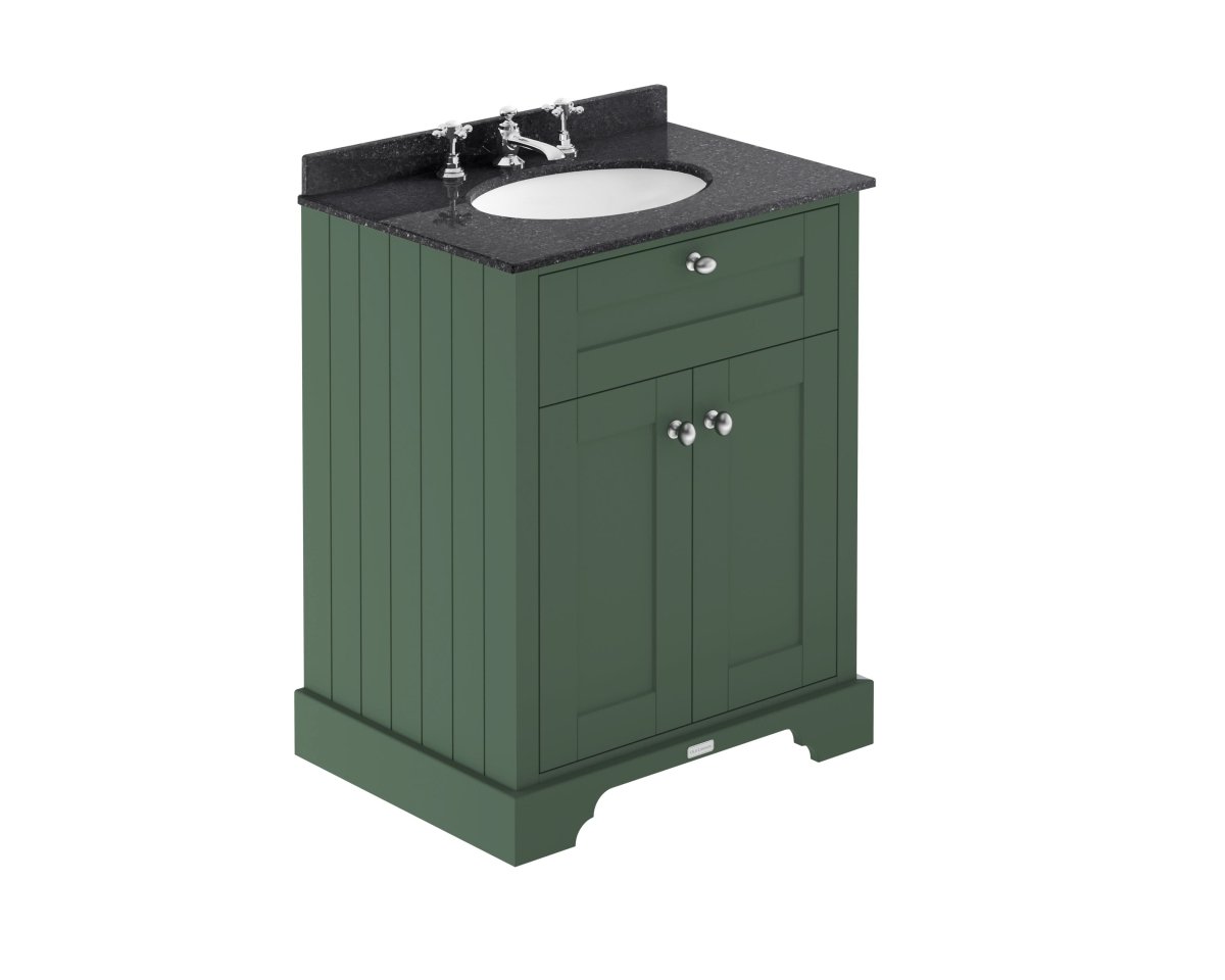 Old London Floor Standing Vanity Unit with Black Marble Basin 3 Tap Holes, Durable 2-Door Soft Close Cabinet with Traditional Bathroom Style in Hunter, Green 600mm