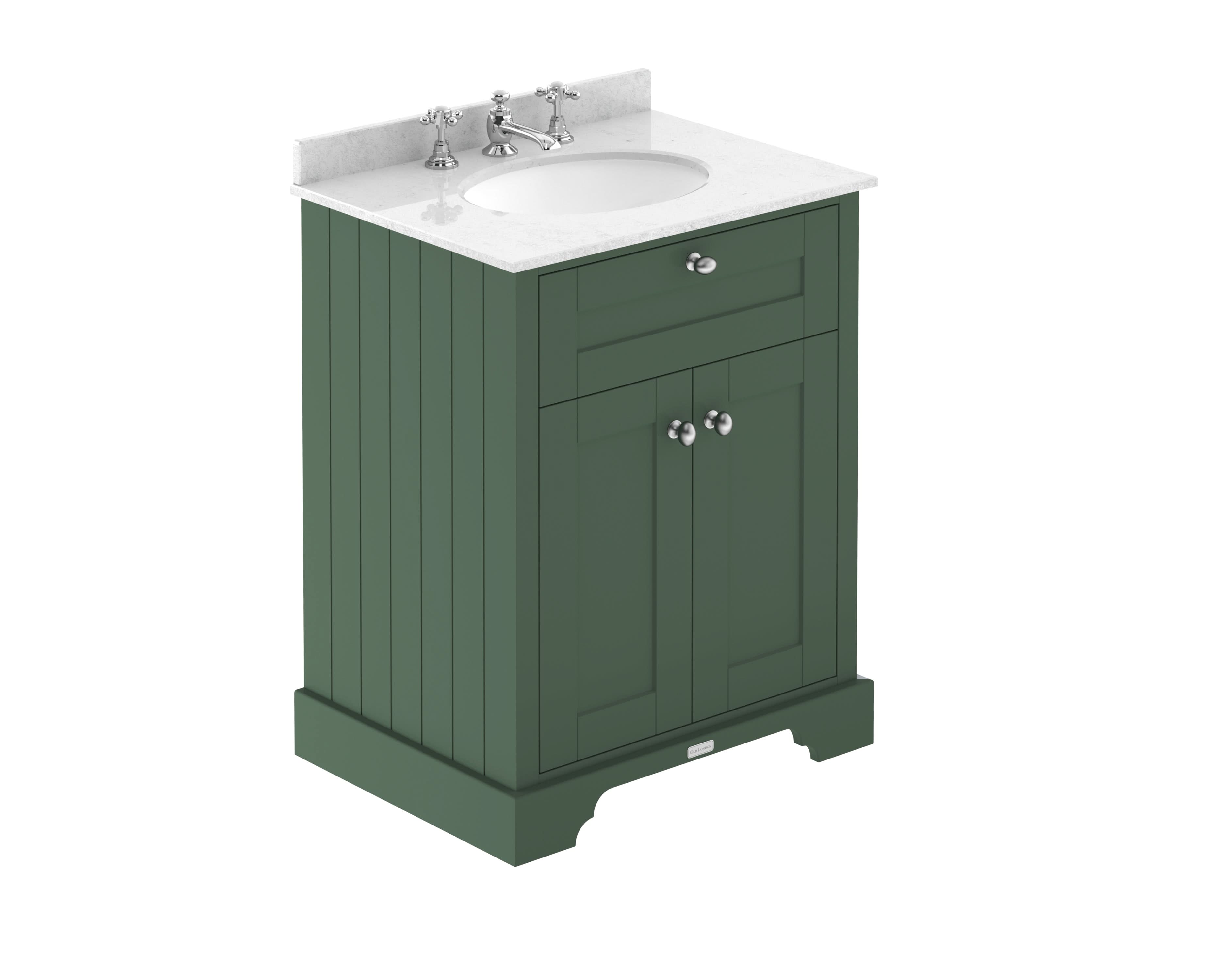Old London Floor Standing Vanity Unit with 3 Tap Hole White Marble Top, Traditional Sink Vanity Unit with 2 Soft Close Doors for Modern Bathroom in Hunter Green, 600mm