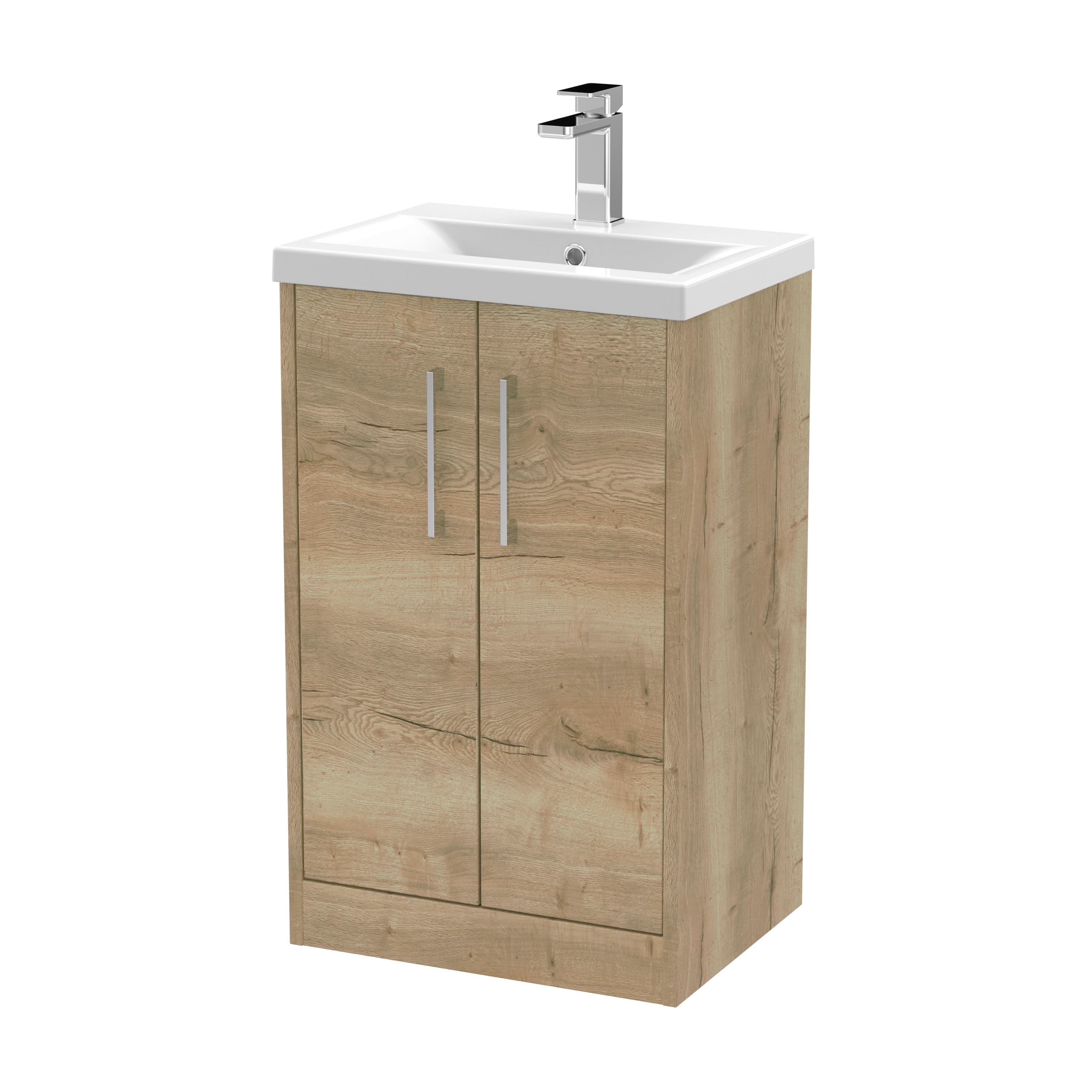 Hudson Reed Juno Floor Standing 2-Door Vanity & Mid-Edge 1 Tap Hole Basin, Premium Sink Vanity Unit, Autumn Oak, 500mm