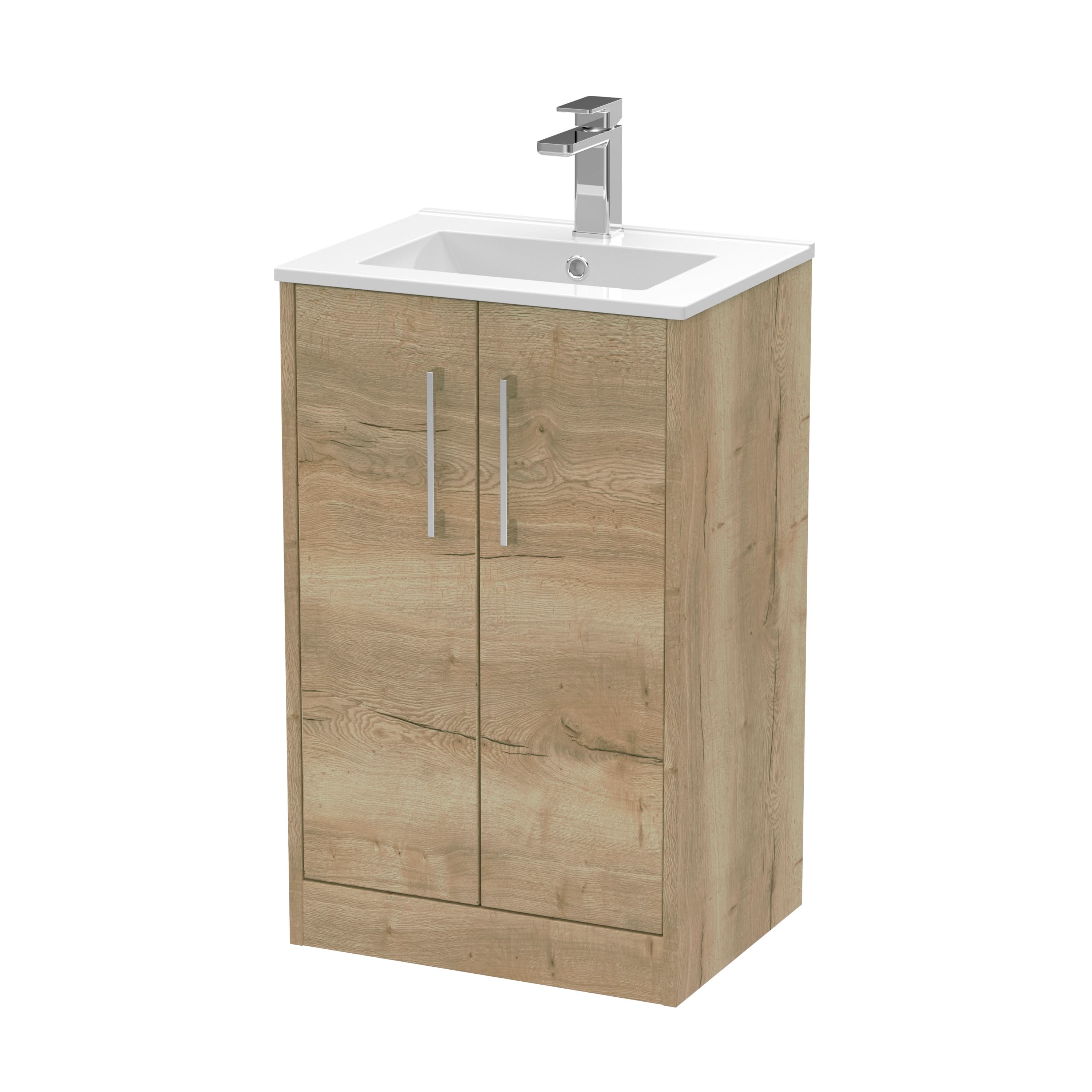 Hudson Reed Juno Floor Standing 2-Door Vanity & Minimalist 1 Tap Hole Basin, Premium Sink Vanity Unit, Autumn Oak, 500mm
