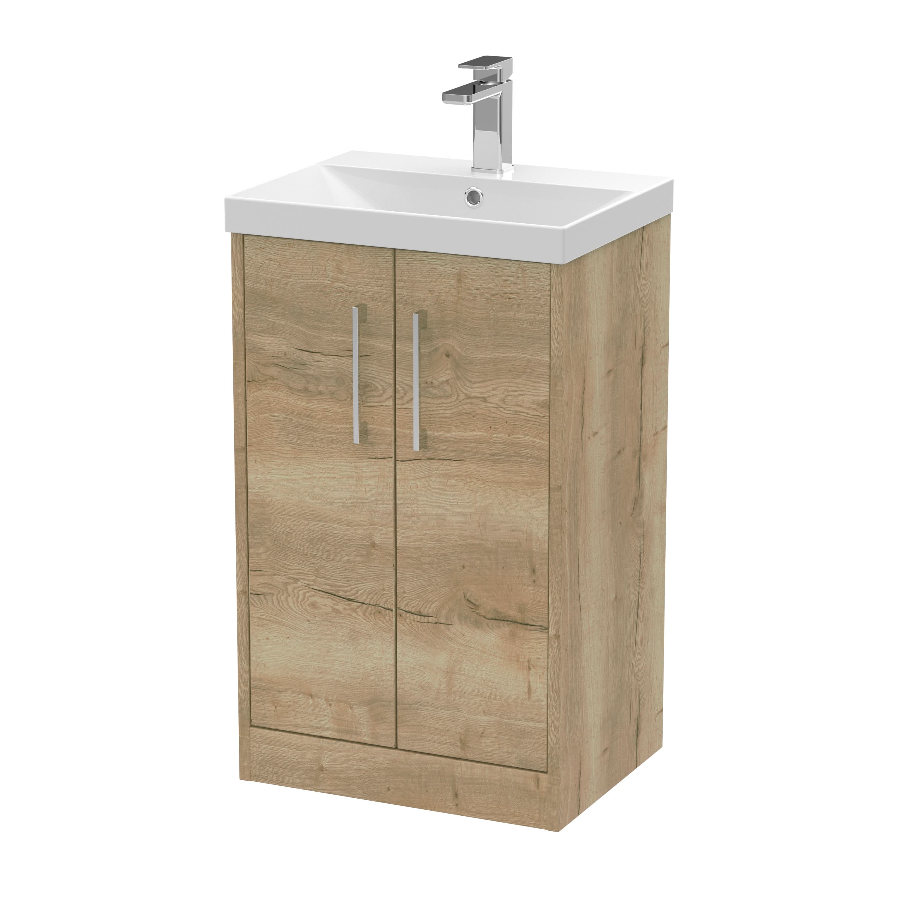 Hudson Reed Juno Floor Standing 2-Door Vanity & Thin-Edge 1 Tap Hole Basin, Premium Sink Vanity Unit, Autumn Oak, 500mm