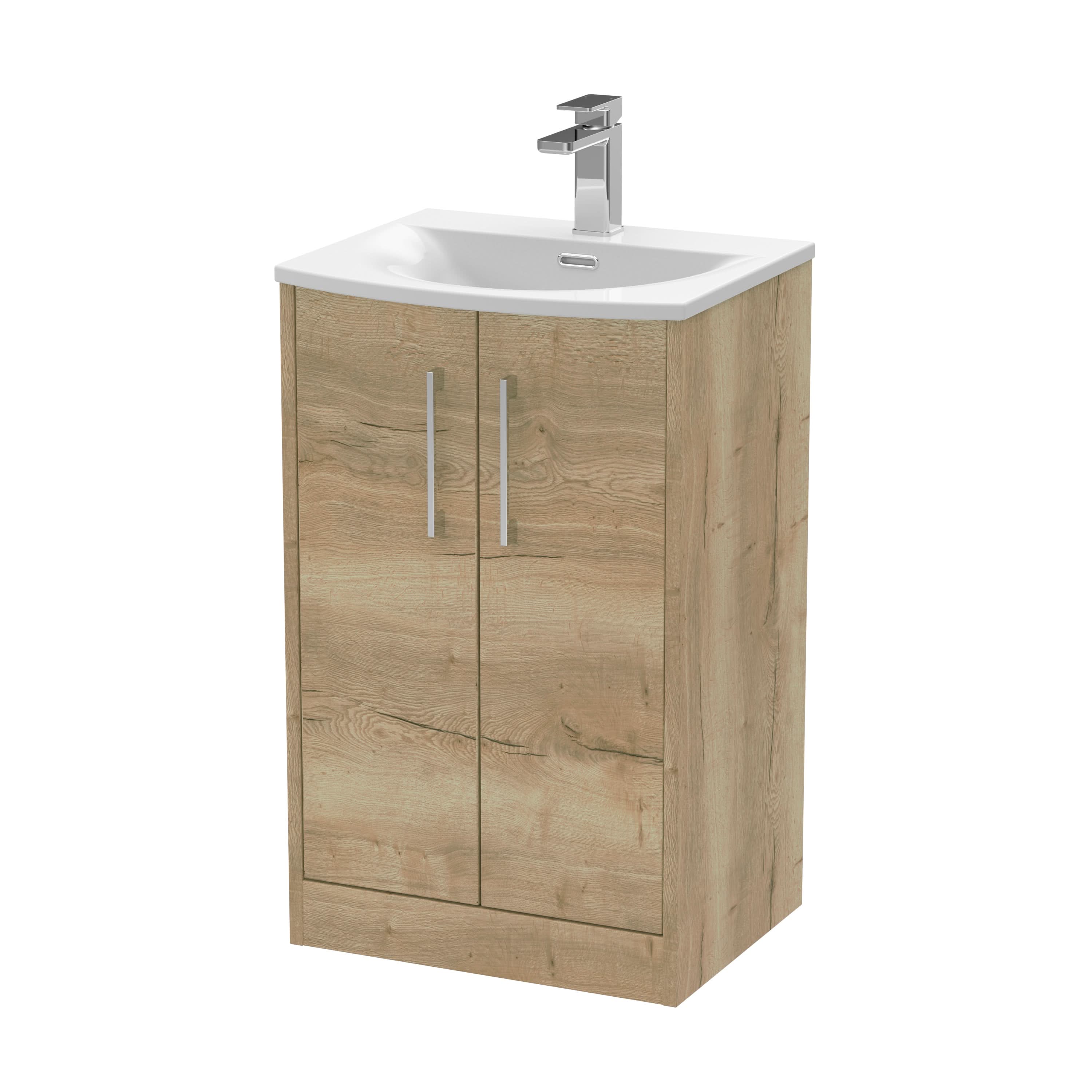 Hudson Reed Juno Floor Standing 2-Door Vanity & Curved 1 Tap Hole Basin, Premium Sink Vanity Unit, Autumn Oak, 500mm