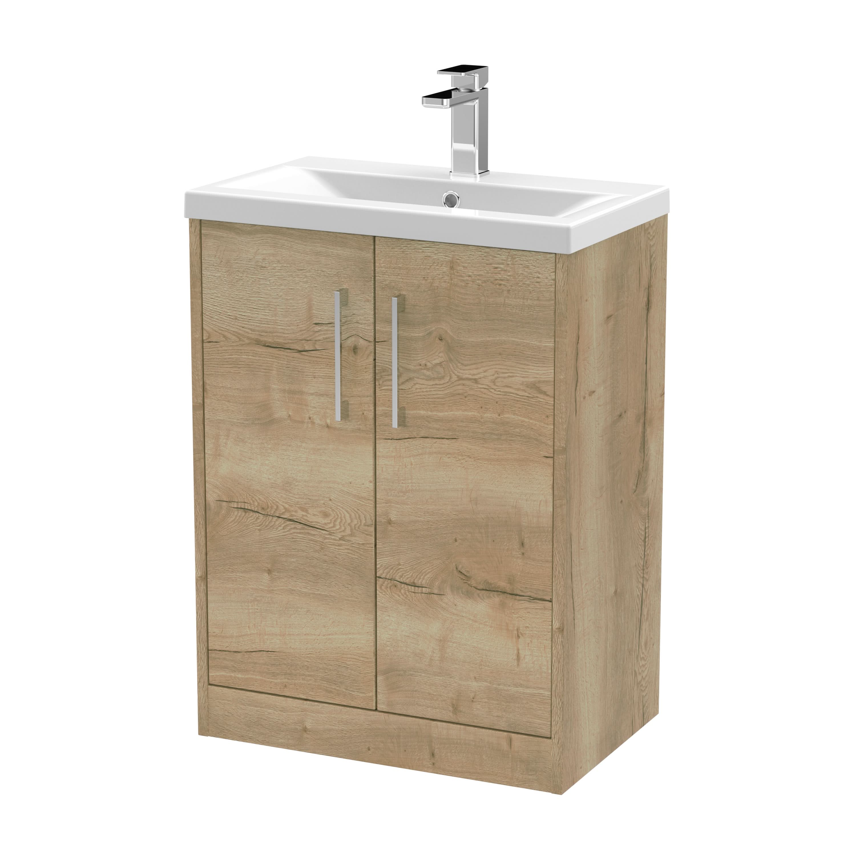 Hudson Reed Juno Floor Standing 2-Door Vanity & Mid-Edge 1 Tap Hole Basin, Premium Sink Vanity Unit, Autumn Oak, 600mm