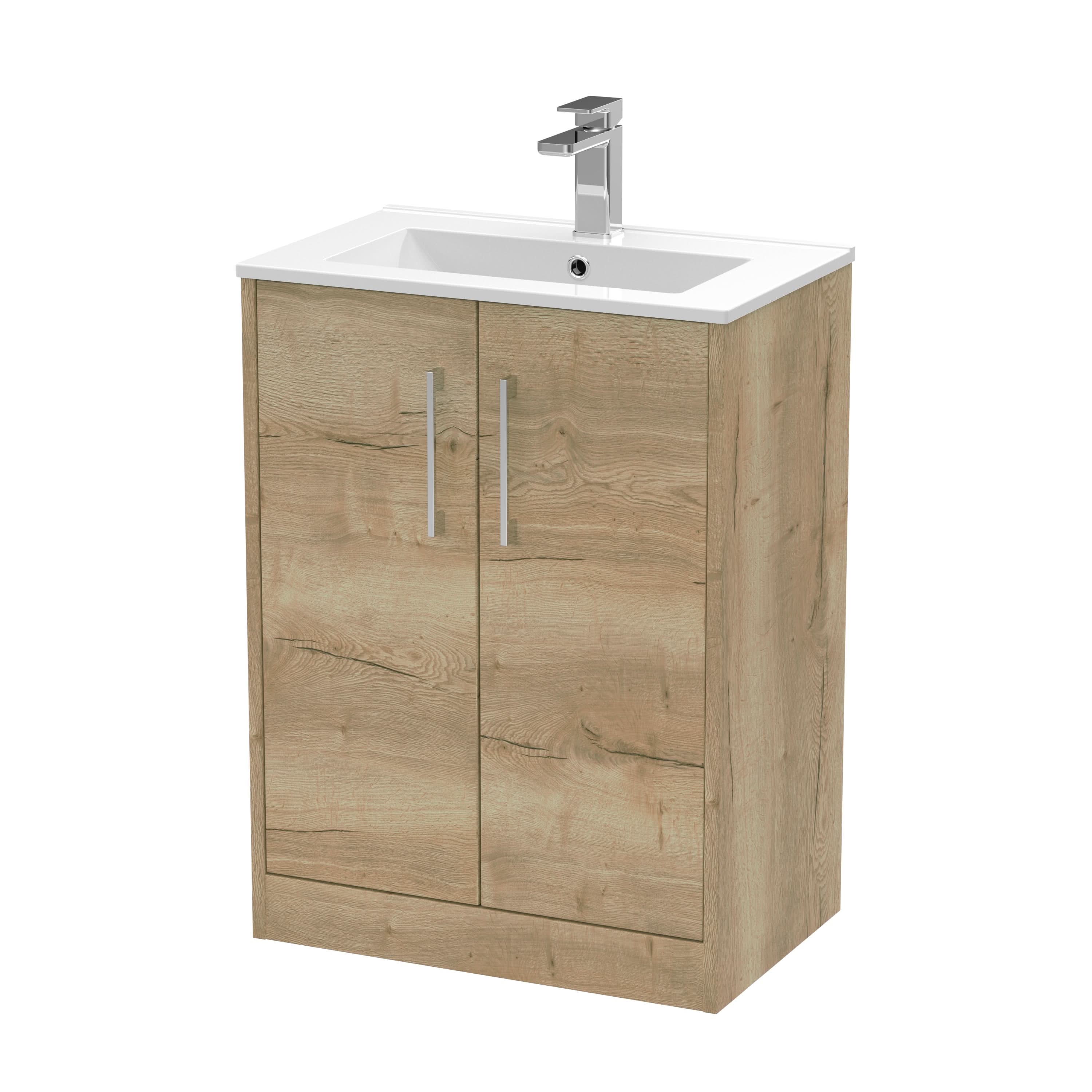 Hudson Reed Juno Floor Standing 2-Door Vanity & Minimalist 1 Tap Hole Basin, Premium Sink Vanity Unit, Autumn Oak, 600mm