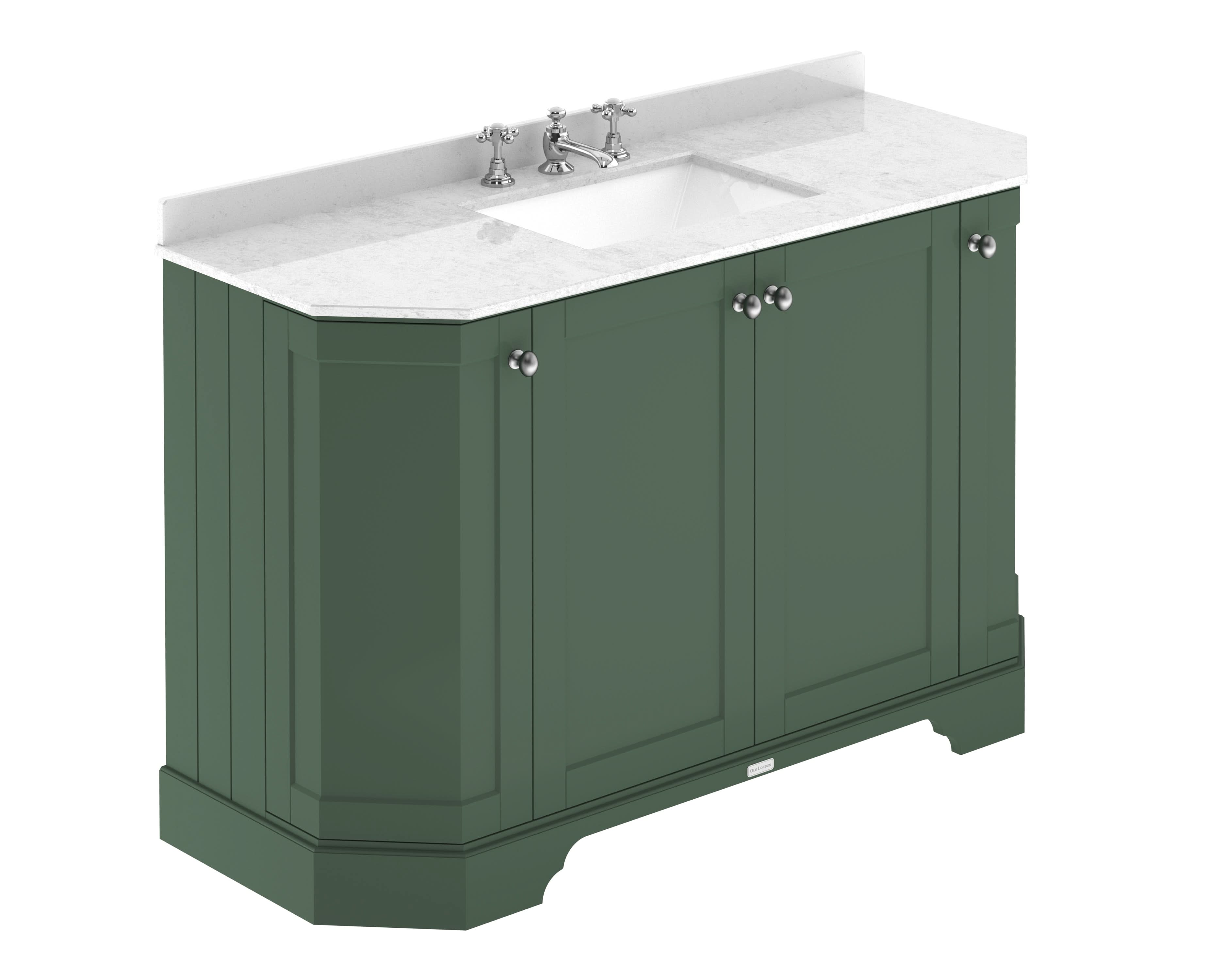 Old London Floor Standing Vanity Unit with Basin 3 Tap Hole with White Marble Top, Durable 4 Door Angled Design Vanity Unit for Traditional Bathroom, Hunter Green, 1200mm