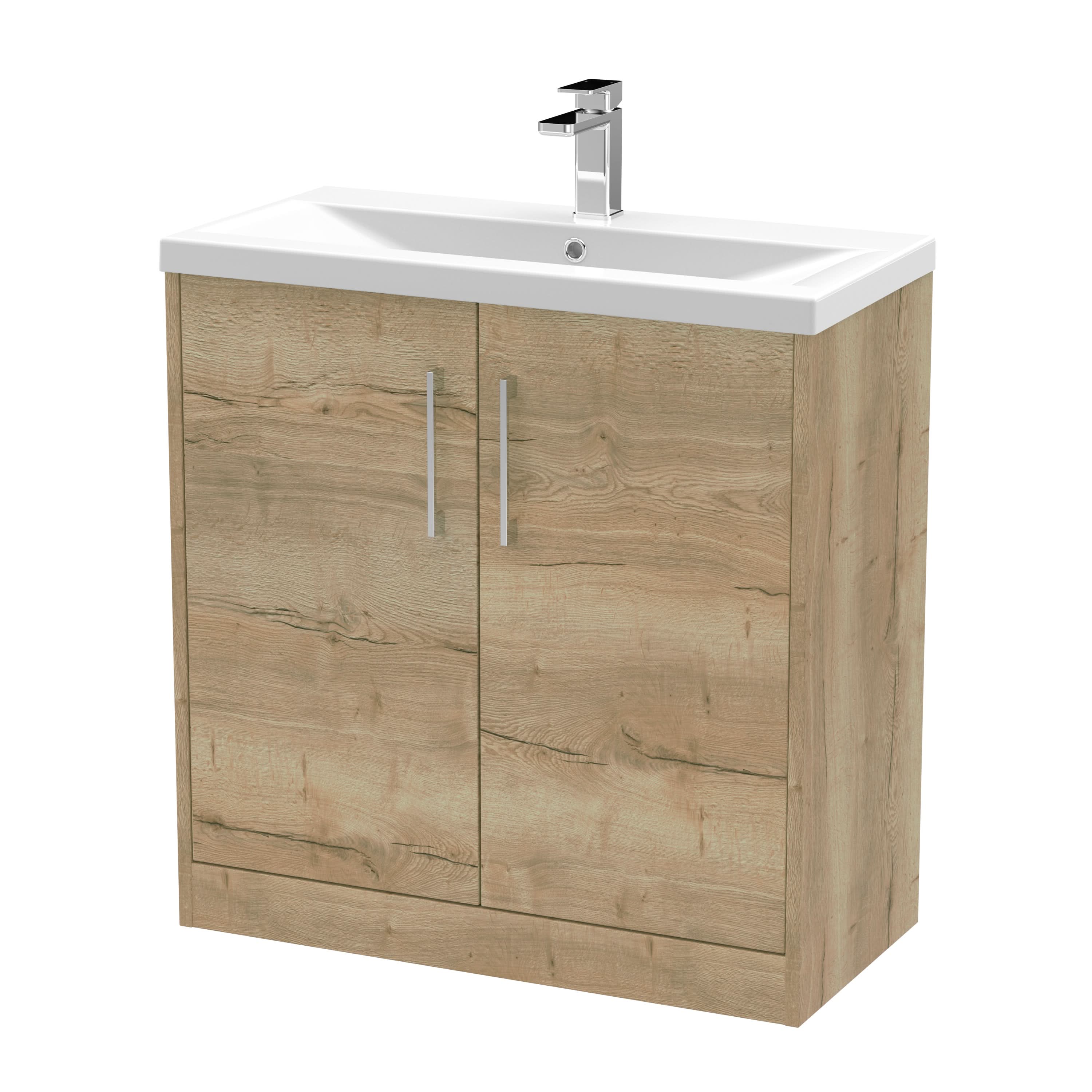 Hudson Reed Juno Floor Standing 2-Door Vanity & Mid-Edge 1 Tap Hole Basin, Premium Sink Vanity Unit, Autumn Oak, 800mm